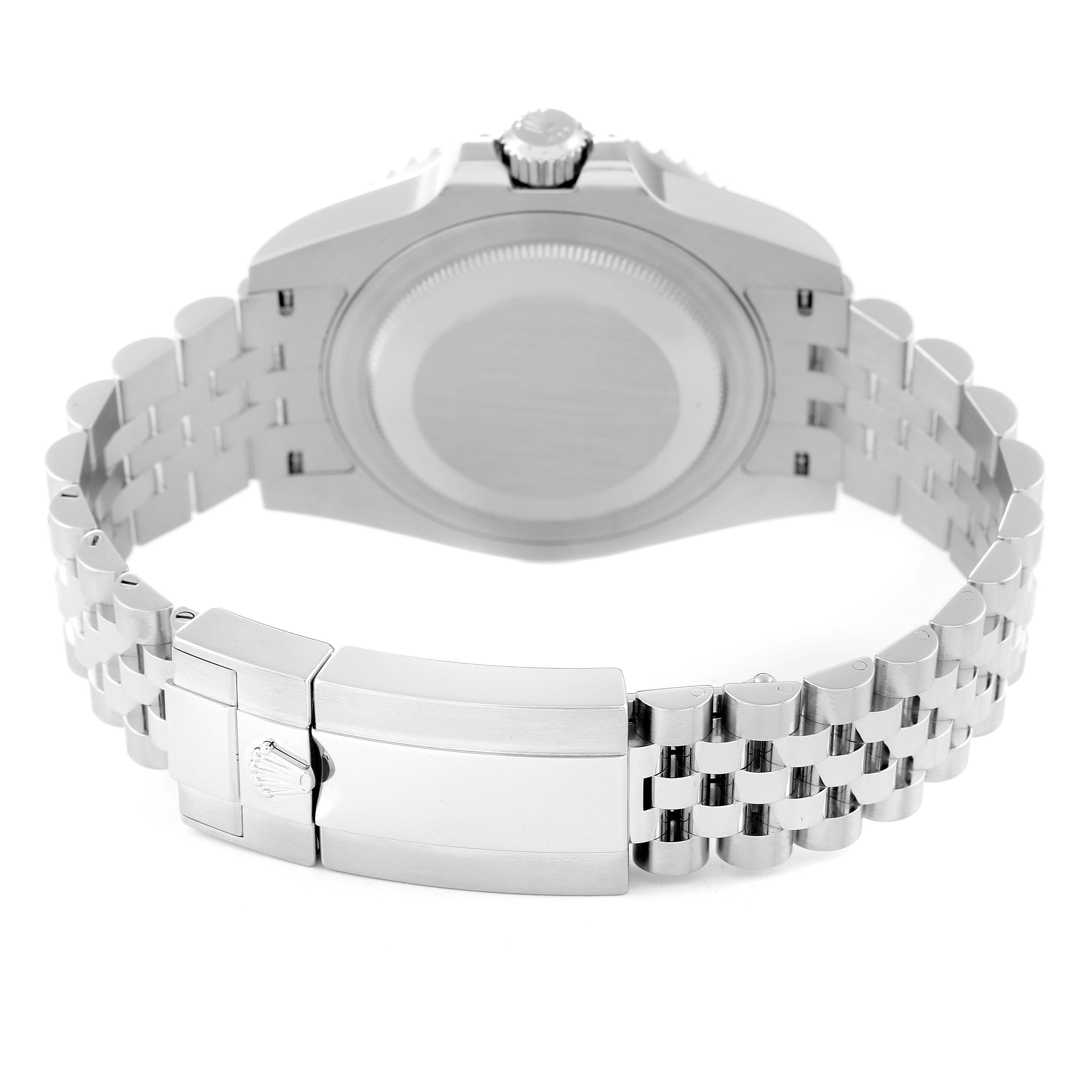 The image shows the back view of a Rolex GMT-Master 126710 Men's Stainless Steel Black Dial 126710 Men's Stainless Steel Black Dial watch, highlighting its case back, crown, and Jubilee bracelet clasp.