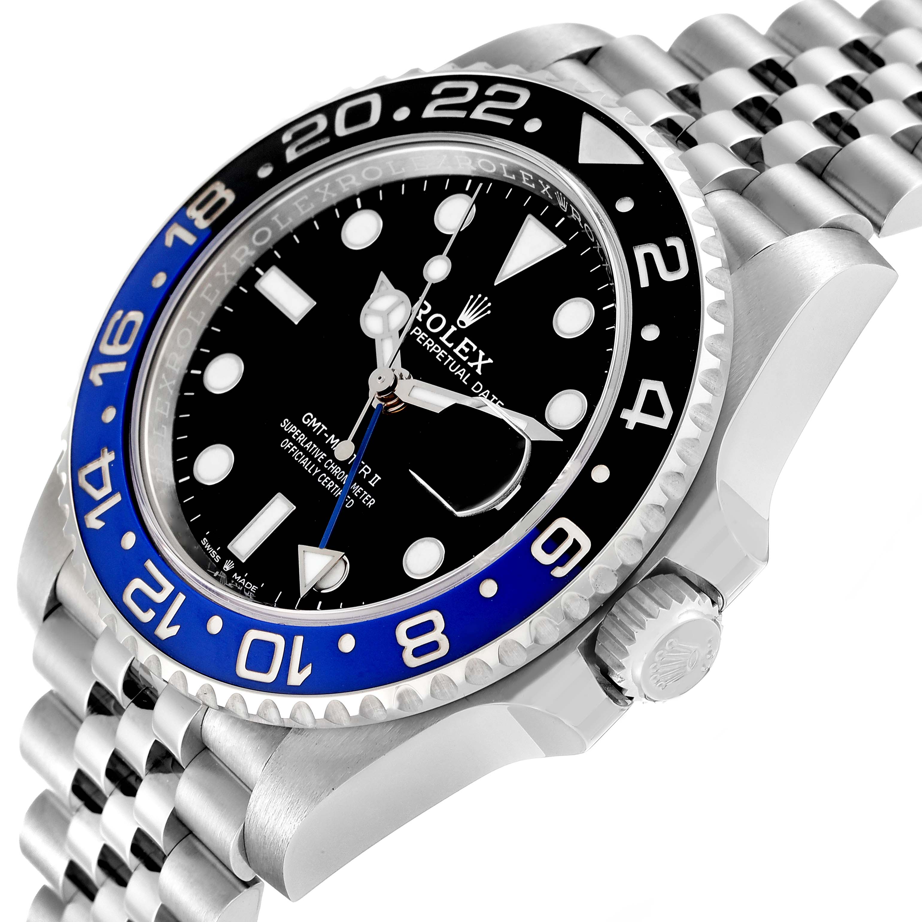 The image shows a close-up side angle of a Rolex GMT-Master 126710 Men's Stainless Steel Black Dial 126710 Men's Stainless Steel Black Dial watch, highlighting its bezel, crown, dial, and bracelet.
