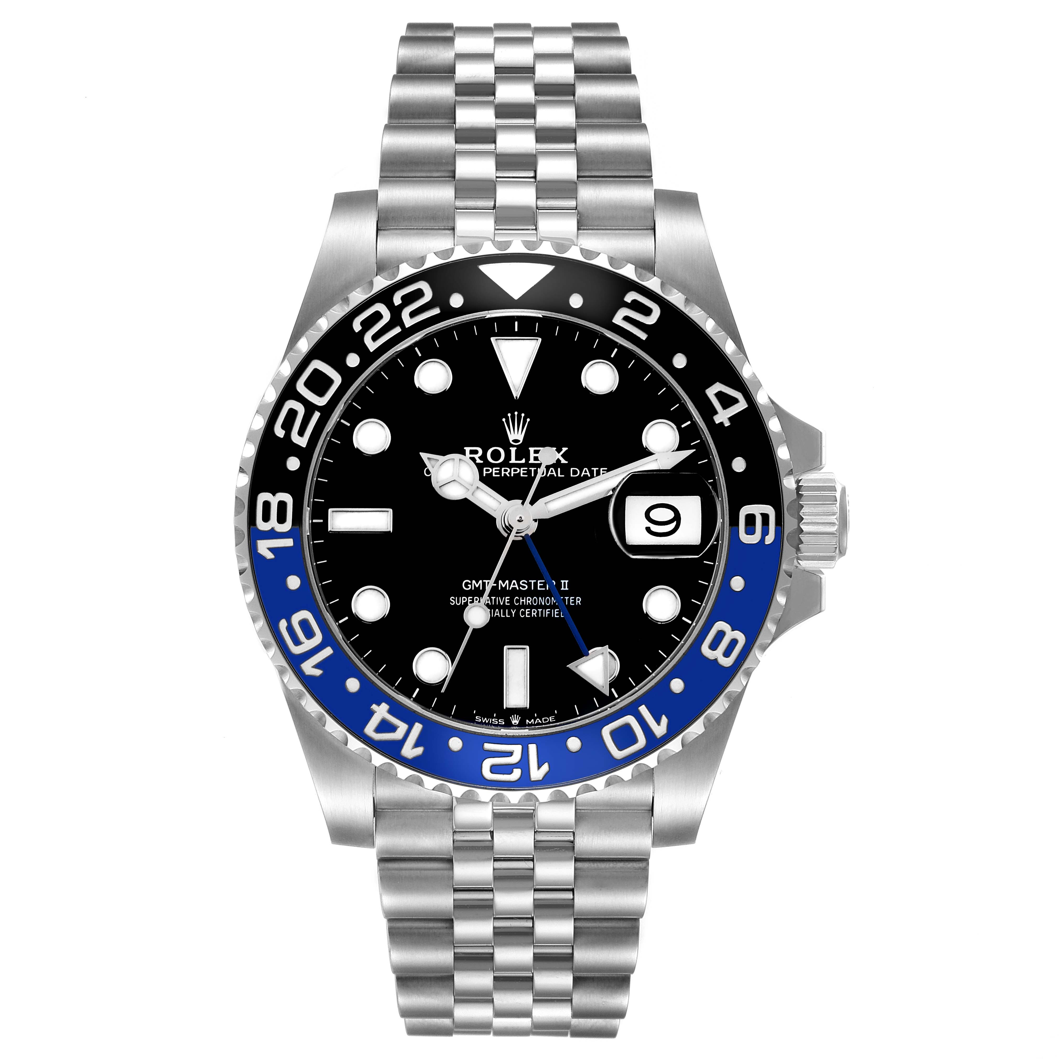 The image shows a front view of a Rolex GMT-Master 126710 Men's Stainless Steel Black Dial 126710 Men's Stainless Steel Black Dial II watch, highlighting its bezel, dial, and Jubilee bracelet.