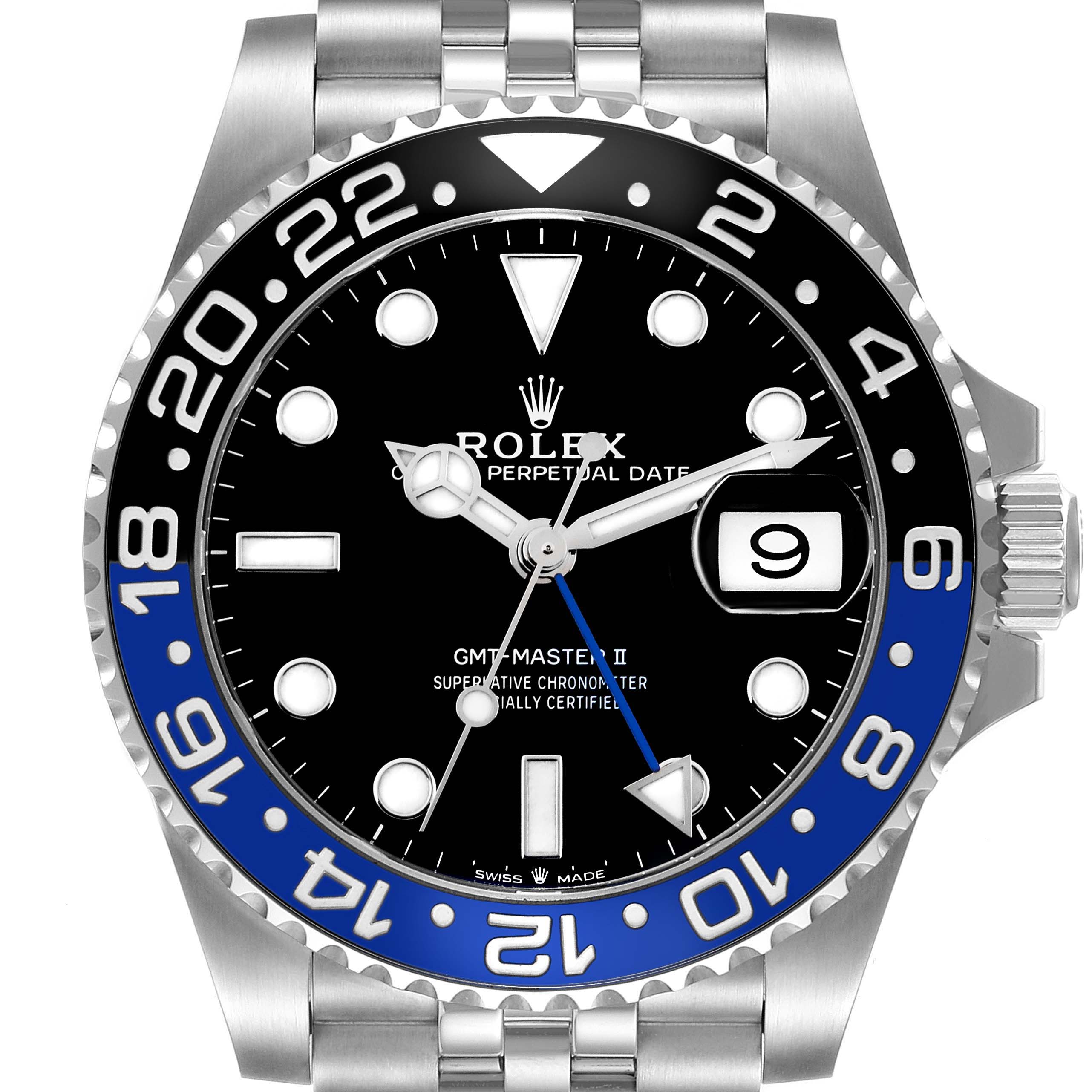This is a front view of the Rolex GMT-Master 126710 Men's Stainless Steel Black Dial 126710 Men's Stainless Steel Black Dial II, showing the dial, bezel, hands, and part of the bracelet.