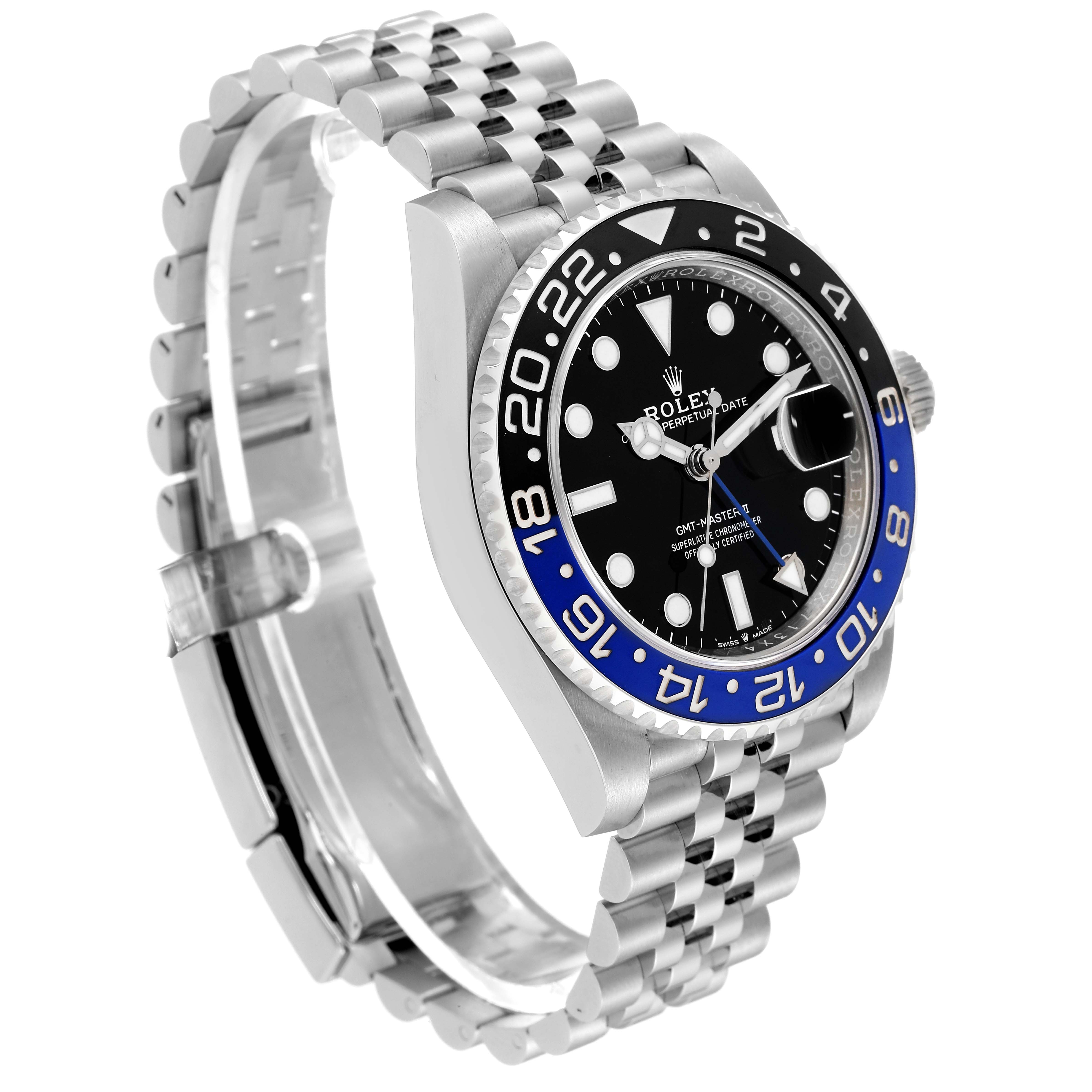 The image shows a side angle of the Rolex GMT-Master 126710 Men's Stainless Steel Black Dial 126710 Men's Stainless Steel Black Dial watch, featuring its bezel, dial, and bracelet.