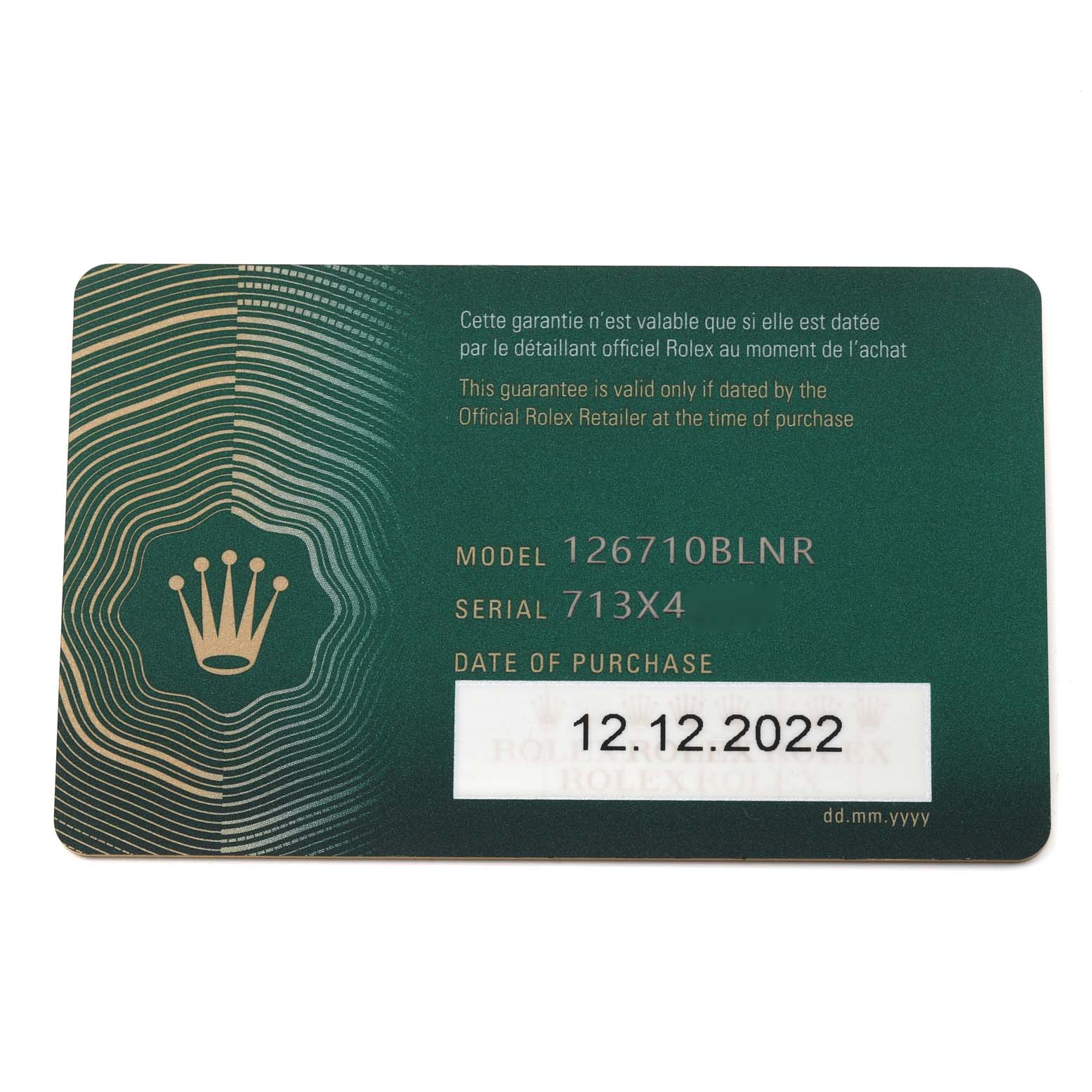 This image shows the warranty card for a Rolex GMT-Master 126710 Men's Stainless Steel Black Dial 126710 Men's Stainless Steel Black Dial model 126710BLNR.