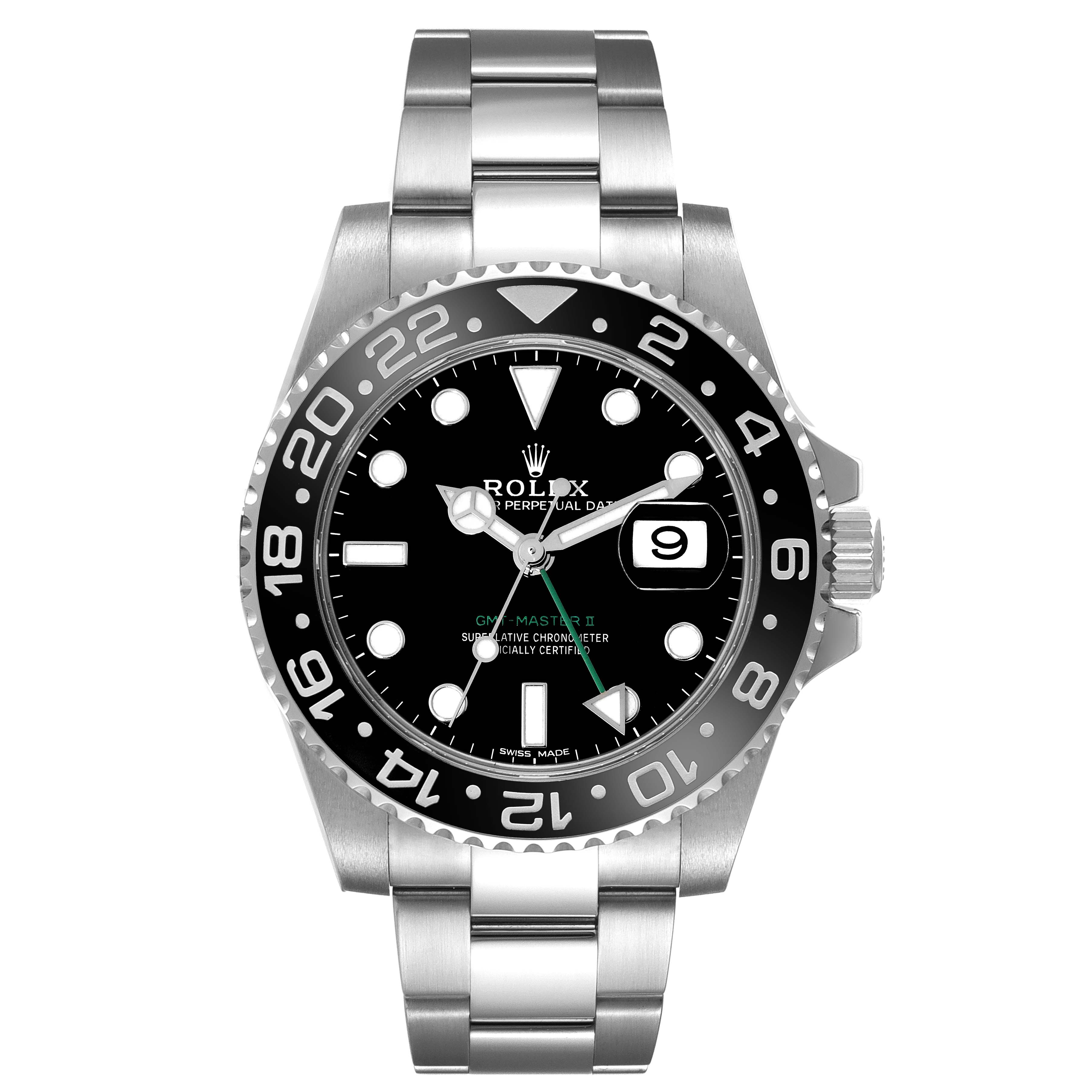 This image shows a front view of a Rolex GMT-Master 116710 Men
s Stainless Steel Black Dial 116710 Men
s Stainless Steel Black Dial watch displaying the face, bezel, crown, and bracelet.