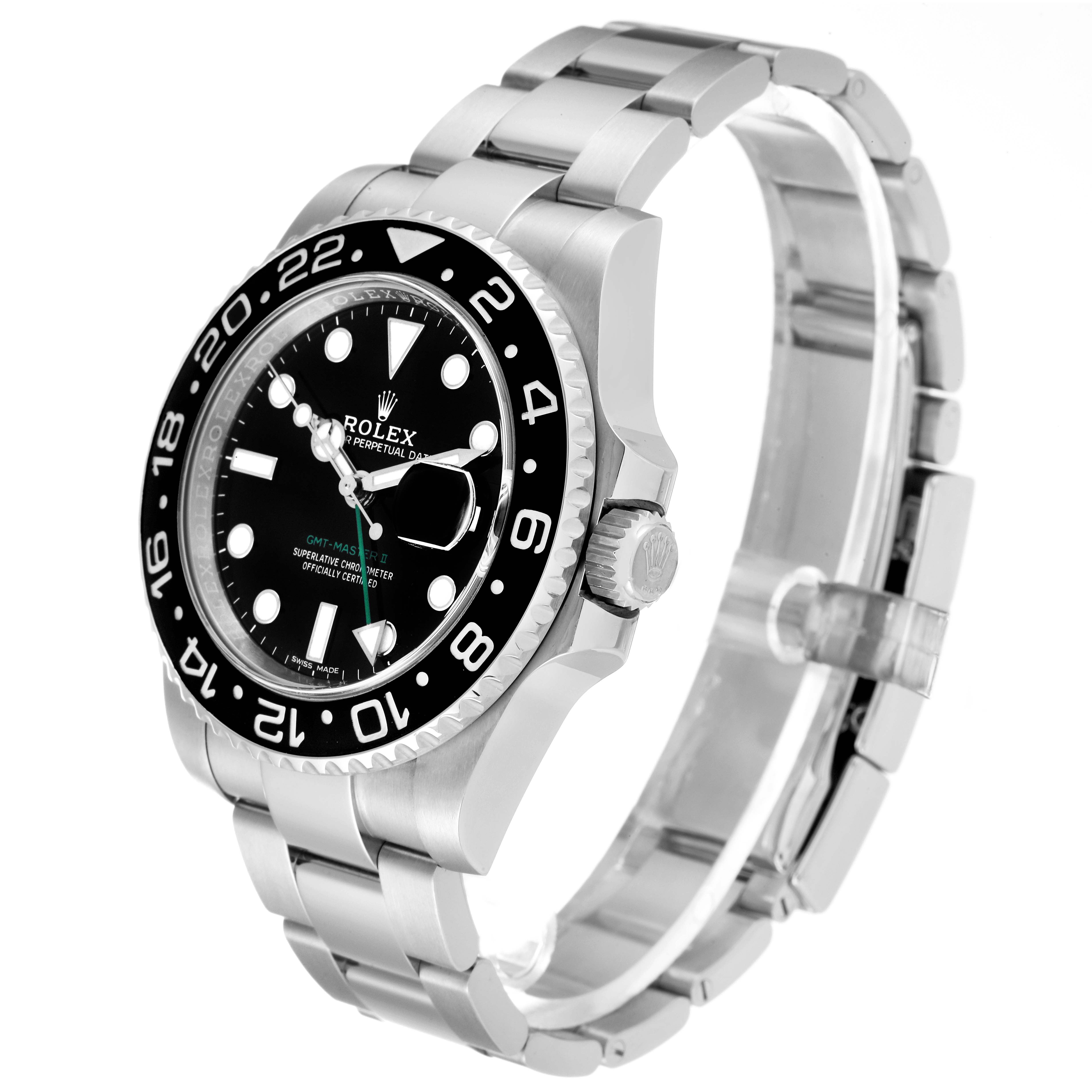 The Rolex GMT-Master 116710 Men
s Stainless Steel Black Dial 116710 Men
s Stainless Steel Black Dial watch is shown at a three-quarter angle highlighting the black bezel, dial, crown, and stainless steel bracelet.