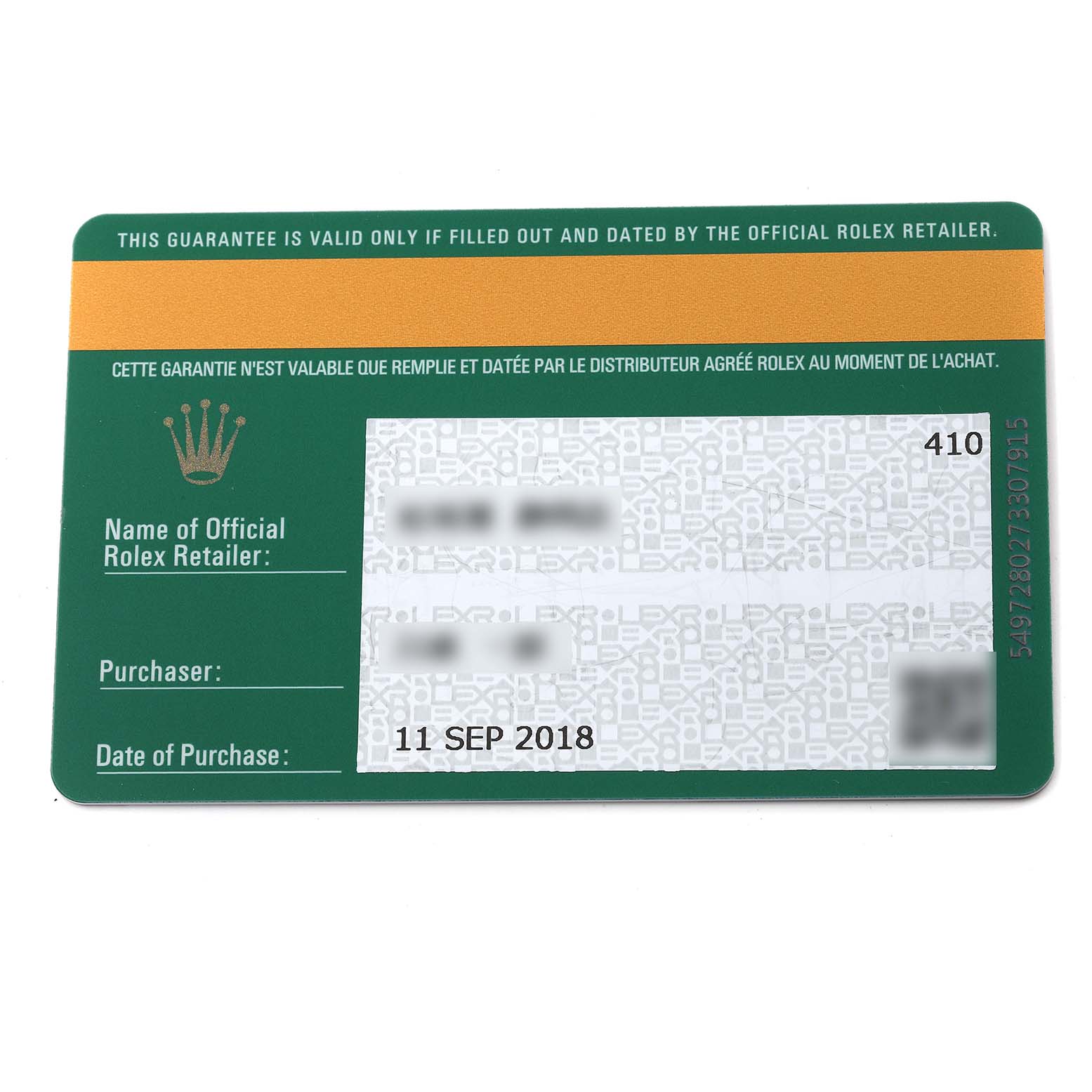 The image shows the guarantee card for a Rolex GMT-Master 116710 Men
s Stainless Steel Black Dial 116710 Men
s Stainless Steel Black Dial watch, featuring information about the retailer, purchaser, and date of purchase.