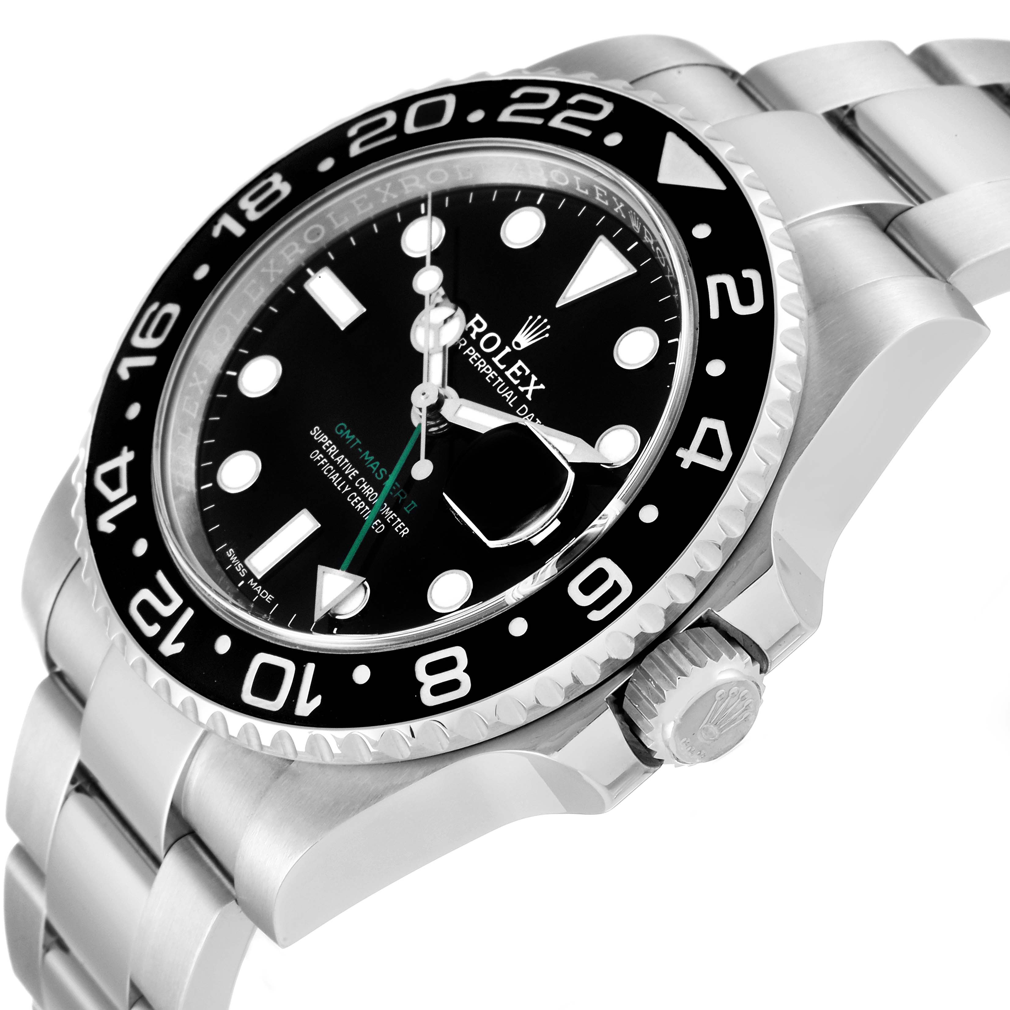 The image shows a Rolex GMT-Master 116710 Men
s Stainless Steel Black Dial 116710 Men
s Stainless Steel Black Dial watch at a side angle, highlighting the bezel, dial, crown, and stainless steel bracelet.