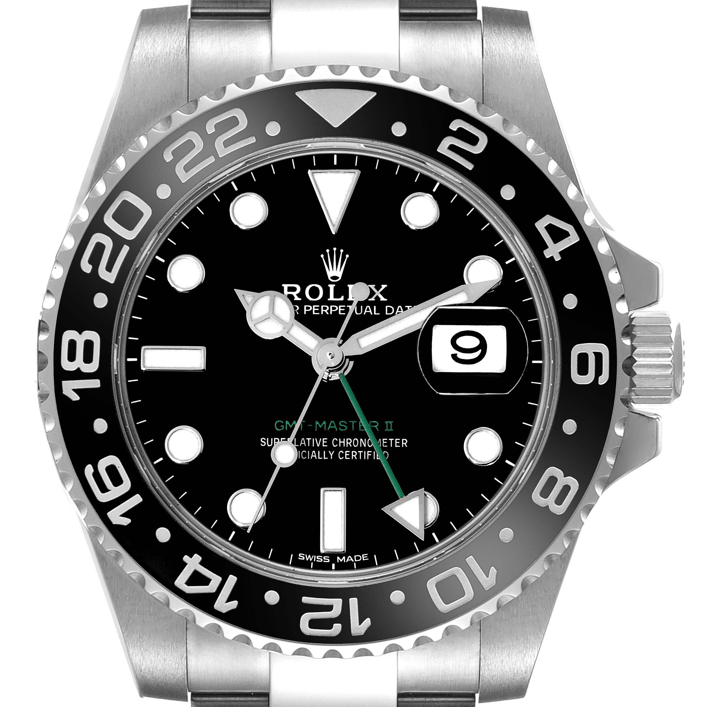The image shows a close-up front view of the Rolex GMT-Master 116710 Men
s Stainless Steel Black Dial 116710 Men
s Stainless Steel Black Dial II watch, highlighting the dial, bezel, and date window.