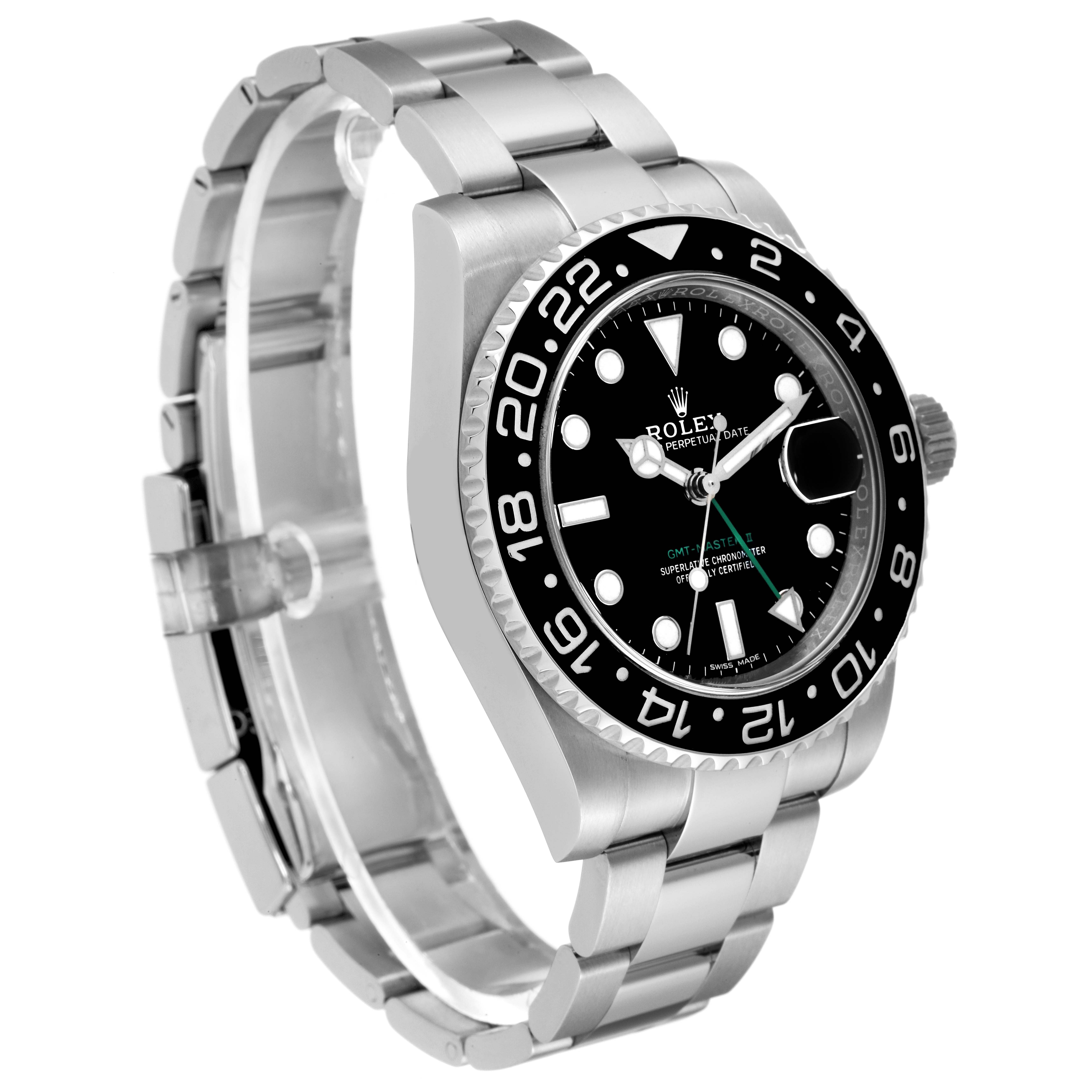 The image shows a side angle view of the Rolex GMT-Master 116710 Men
s Stainless Steel Black Dial 116710 Men
s Stainless Steel Black Dial watch, highlighting the dial, bezel, crown, and bracelet.