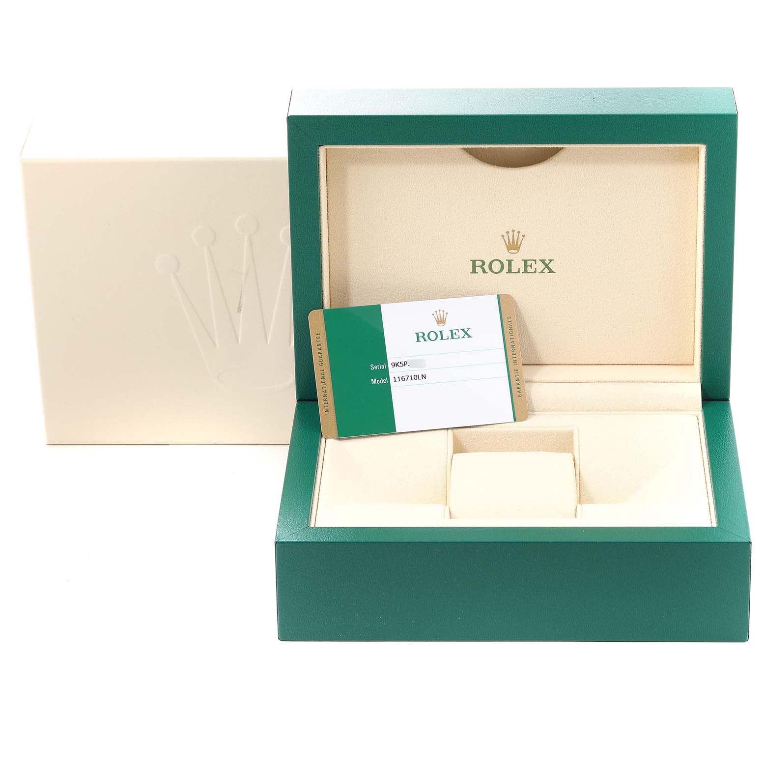 The image shows a Rolex GMT-Master 116710 Men
s Stainless Steel Black Dial 116710 Men
s Stainless Steel Black Dial watch box, warranty card, and outer packaging, viewed from the front.