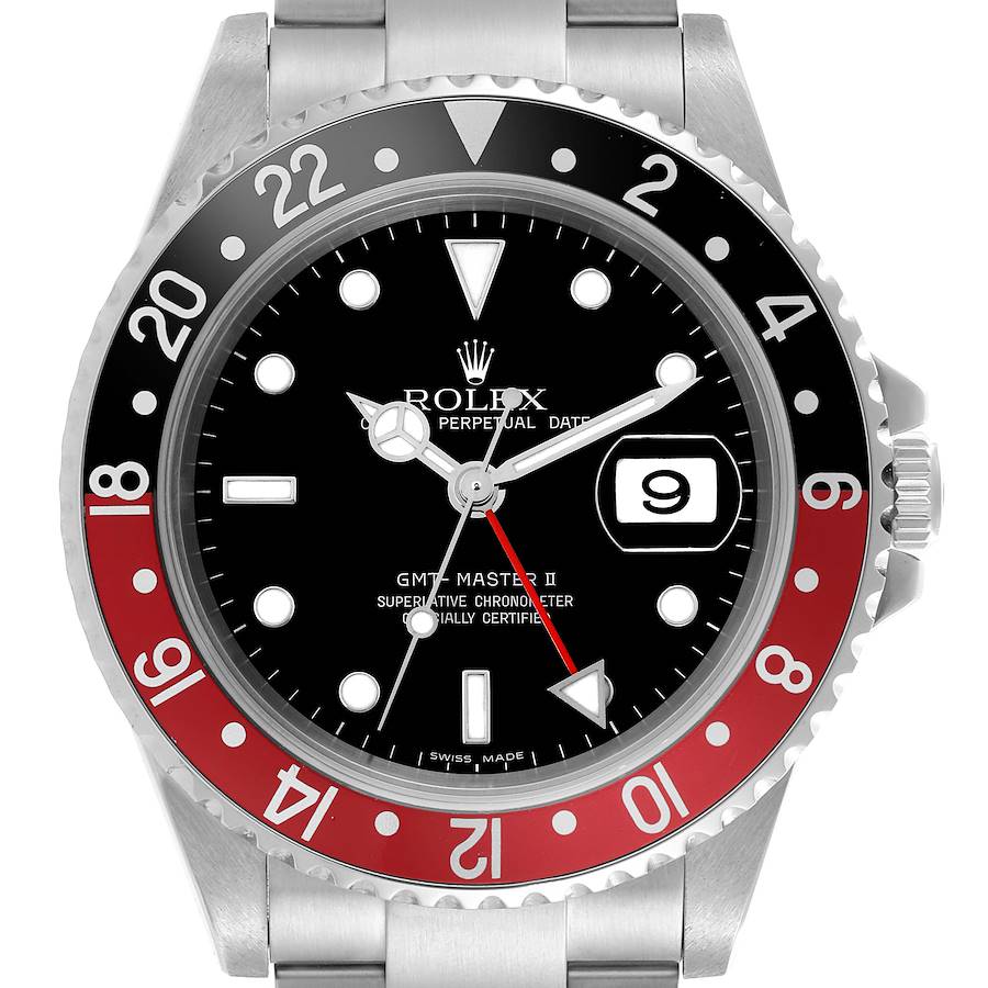 The Rolex GMT-Master II watch is shown front-on, displaying the bezel, dial, hands, and date window.