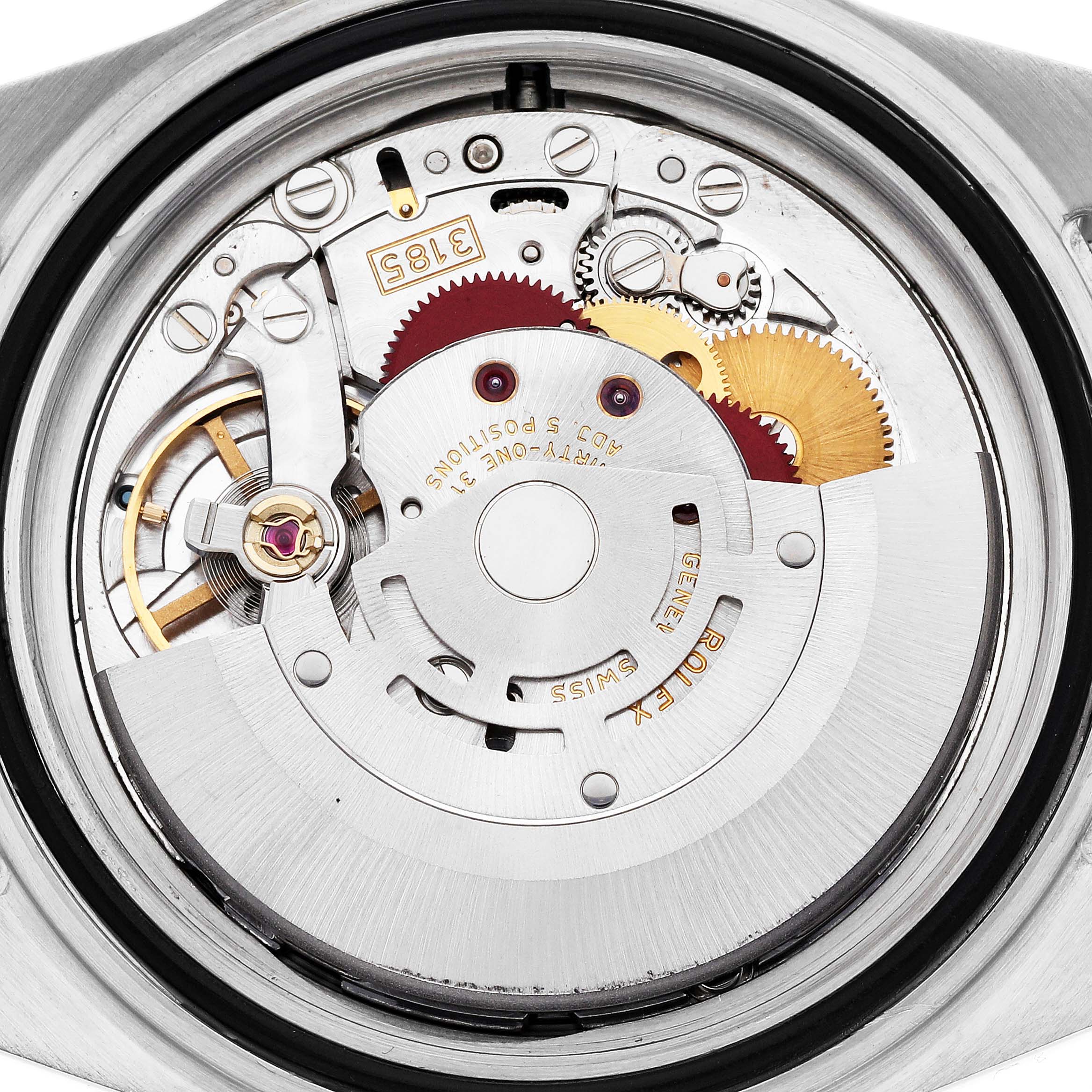 The image shows the movement mechanism of a Rolex GMT-Master 16710 Men
s Stainless Steel Black Dial 16710 Men
s Stainless Steel Black Dial, viewed from the back.