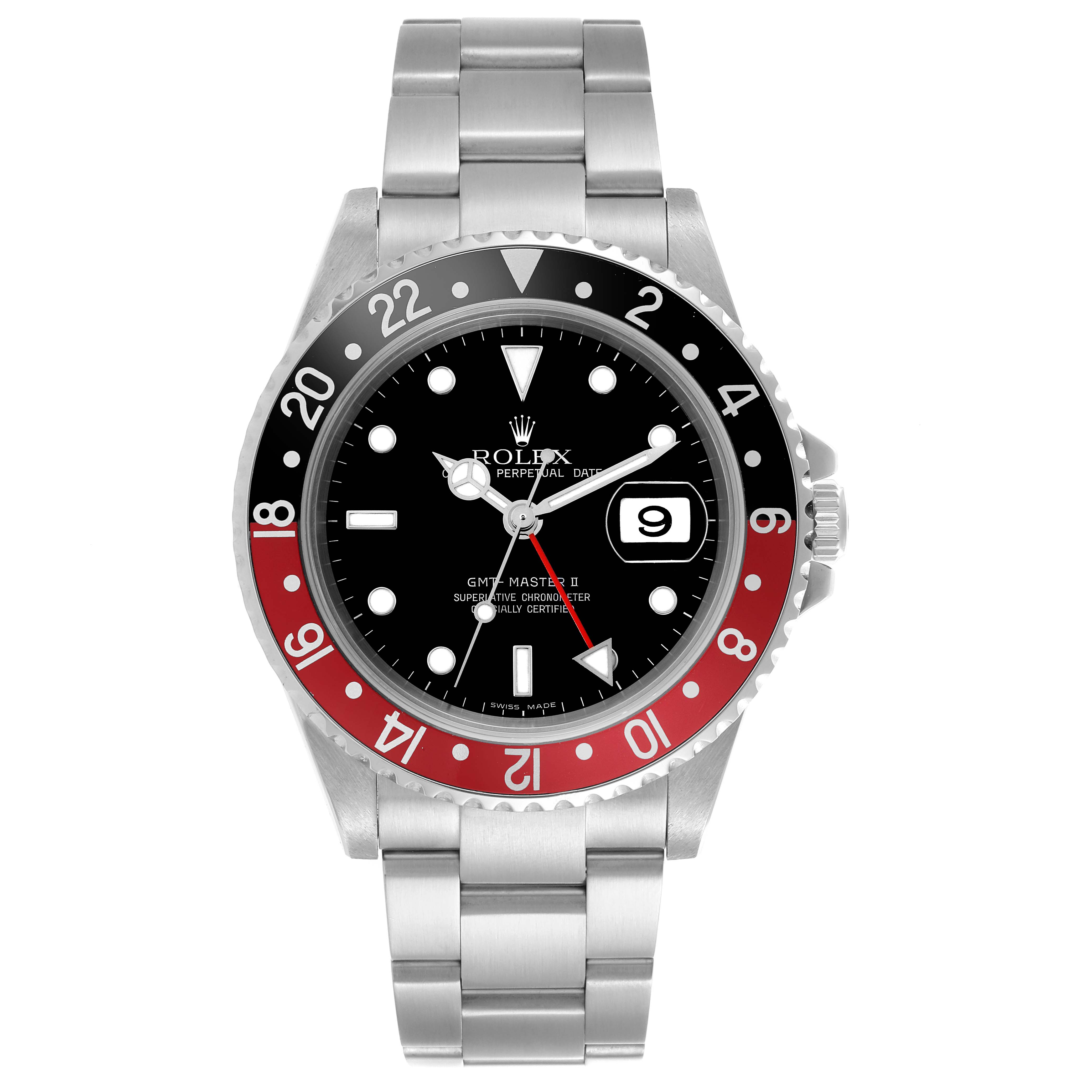 The Rolex GMT-Master 16710 Men
s Stainless Steel Black Dial 16710 Men
s Stainless Steel Black Dial watch is shown from a front angle, displaying the dial, bezel, and bracelet.