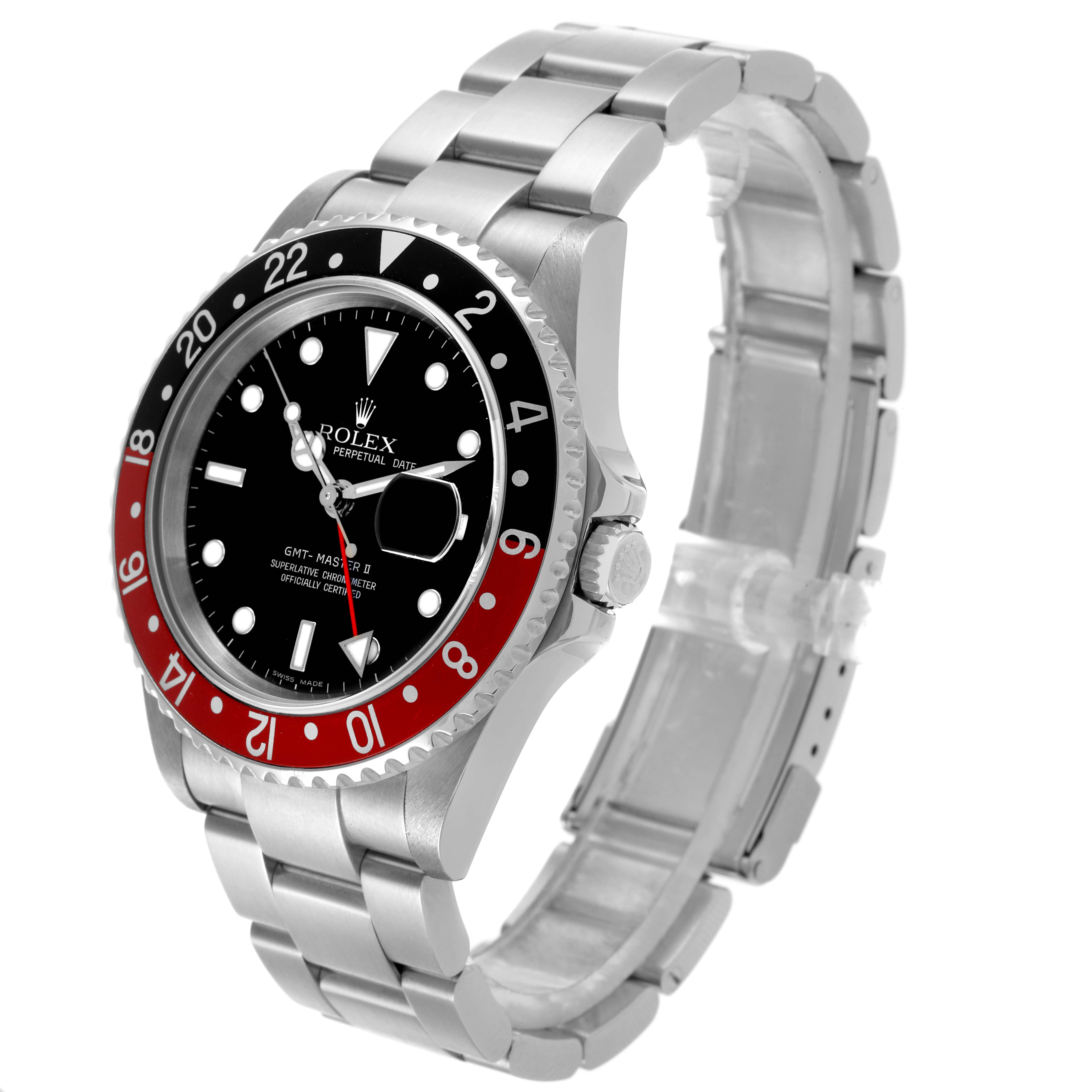 The Rolex GMT-Master 16710 Men
s Stainless Steel Black Dial 16710 Men
s Stainless Steel Black Dial watch is shown at a slightly tilted angle, revealing its face, bezel, and band.