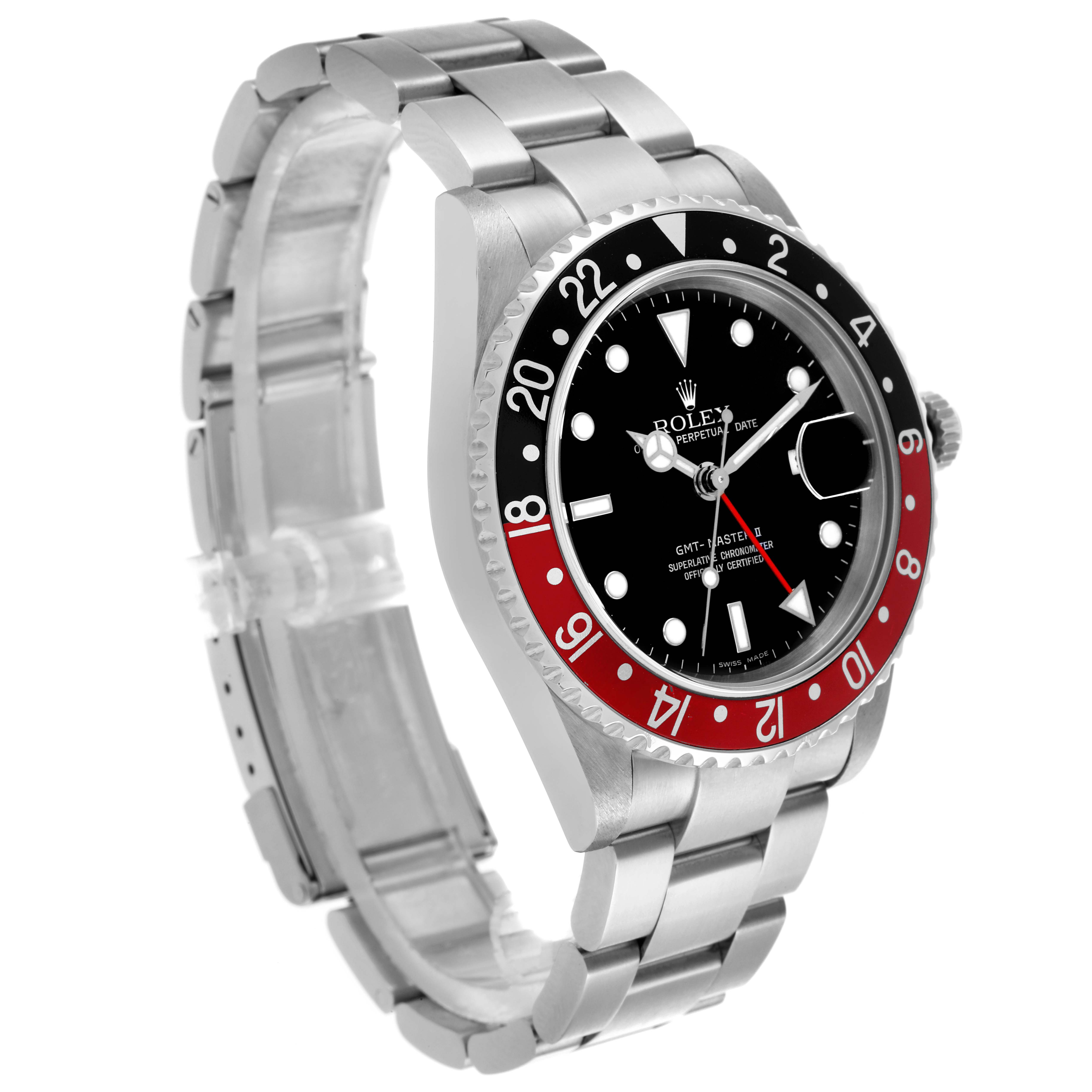 The Rolex GMT-Master 16710 Men
s Stainless Steel Black Dial 16710 Men
s Stainless Steel Black Dial watch is shown at a side angle, highlighting the bezel, face, and bracelet.