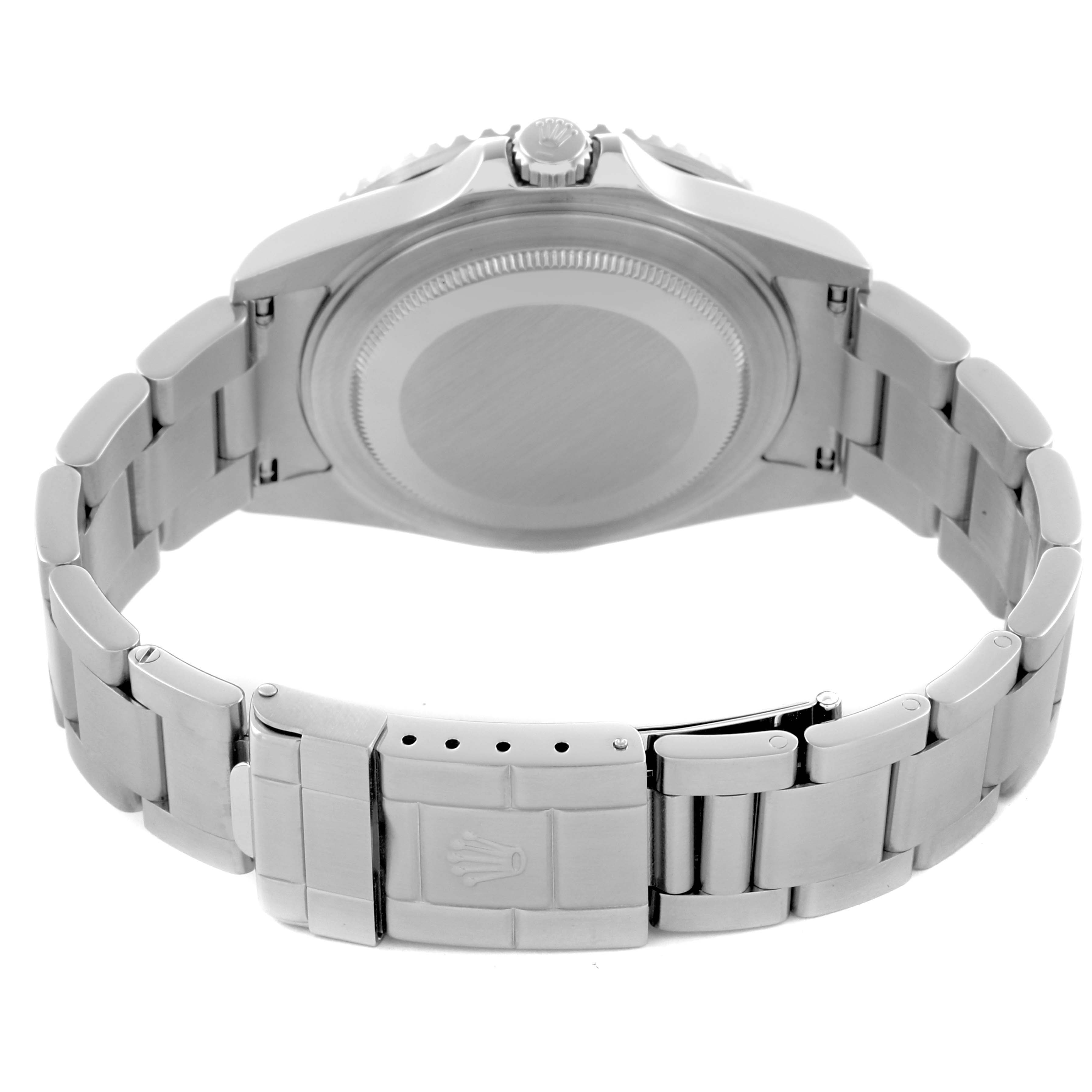 The image shows the Rolex GMT-Master 16710 Men
s Stainless Steel Black Dial 16710 Men
s Stainless Steel Black Dial from the back, highlighting the case back, crown, and bracelet with a clasp.