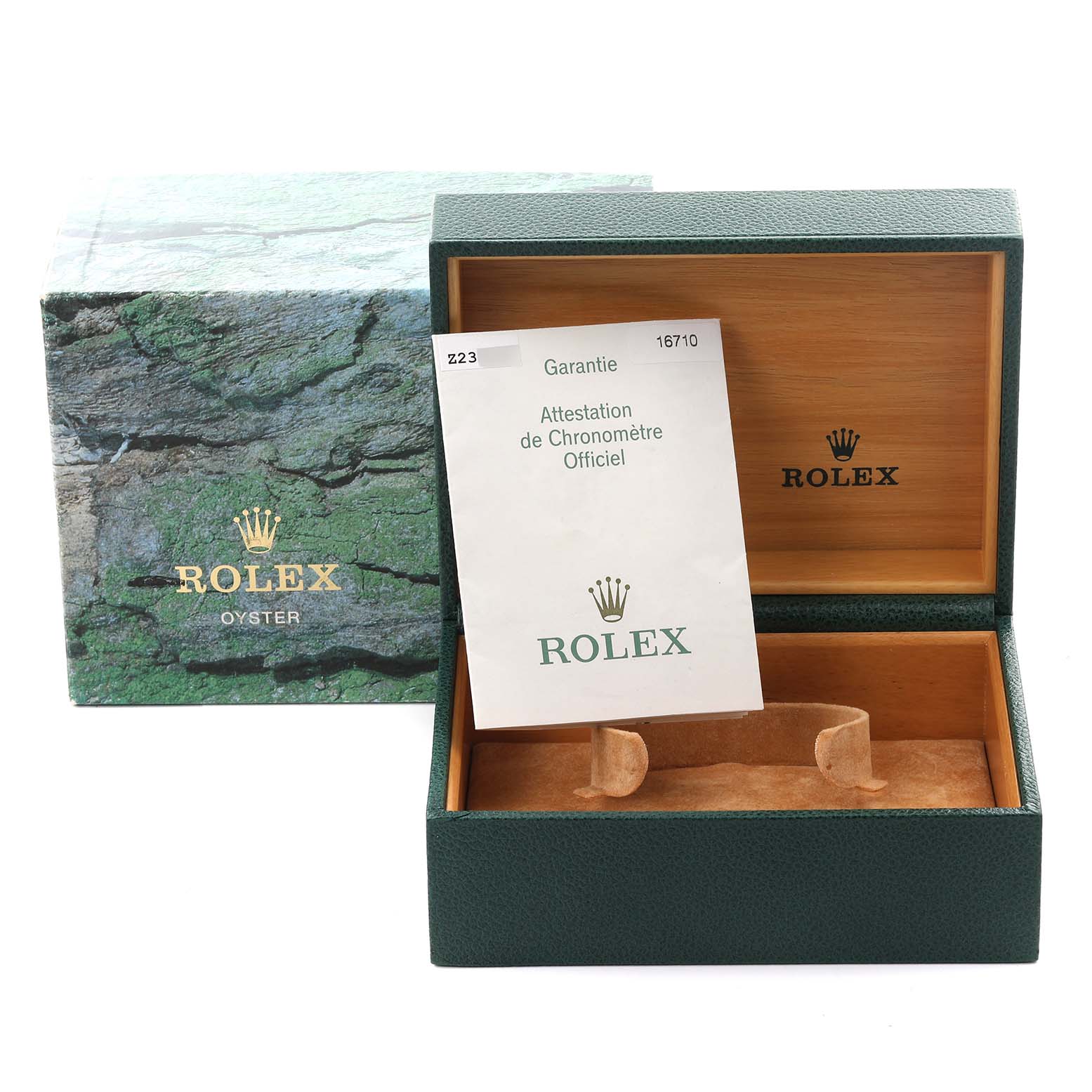 The image shows the packaging, an open Rolex box, and documentation for a Rolex GMT-Master 16710 Men
s Stainless Steel Black Dial 16710 Men
s Stainless Steel Black Dial watch.
