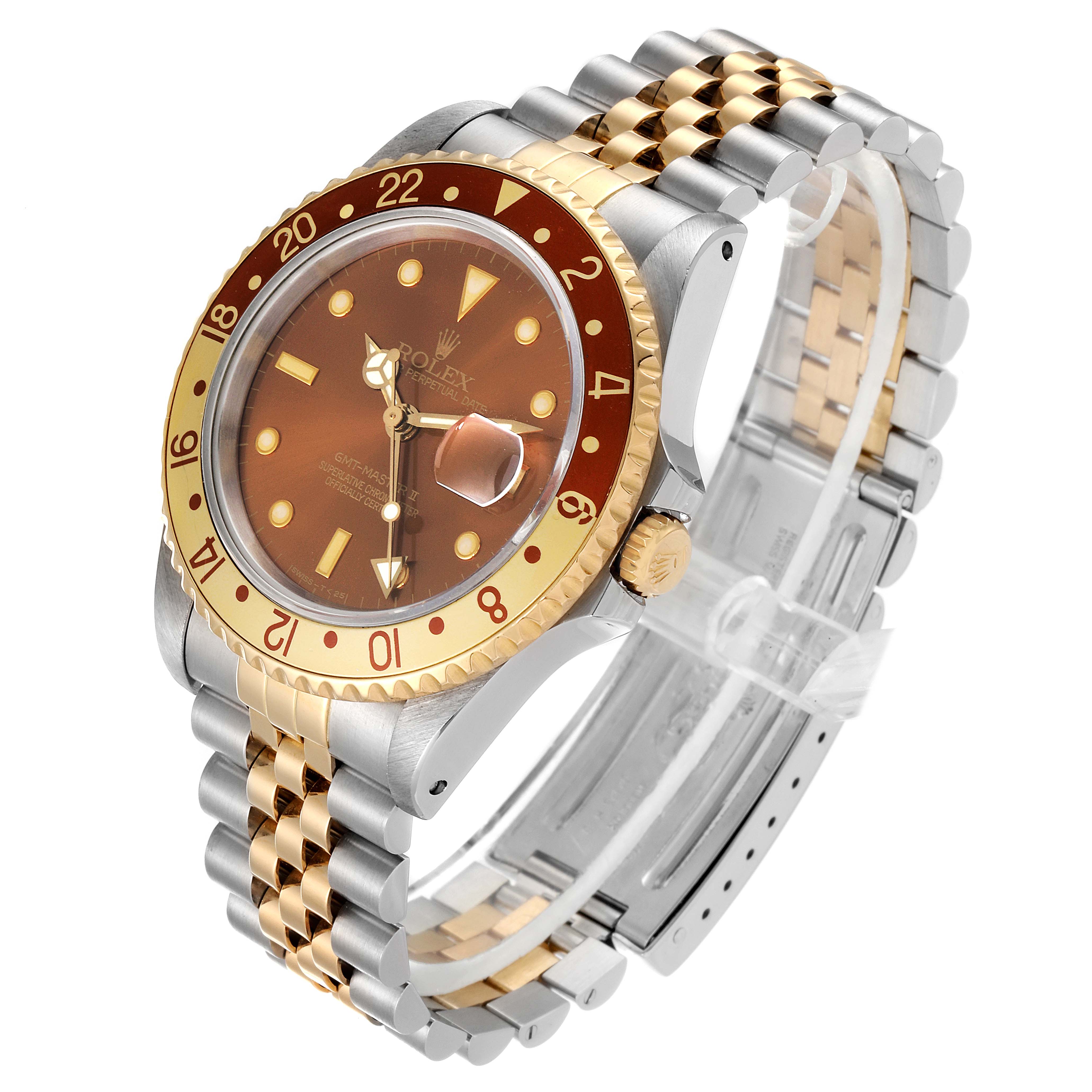 This image shows a Rolex GMT-Master 16713 Men's Steel and Gold (two tone) Brown Dial 16713 Men's Steel and Gold (two tone) Brown Dial watch at an angled view, highlighting the bezel, dial, crown, and two-tone bracelet.