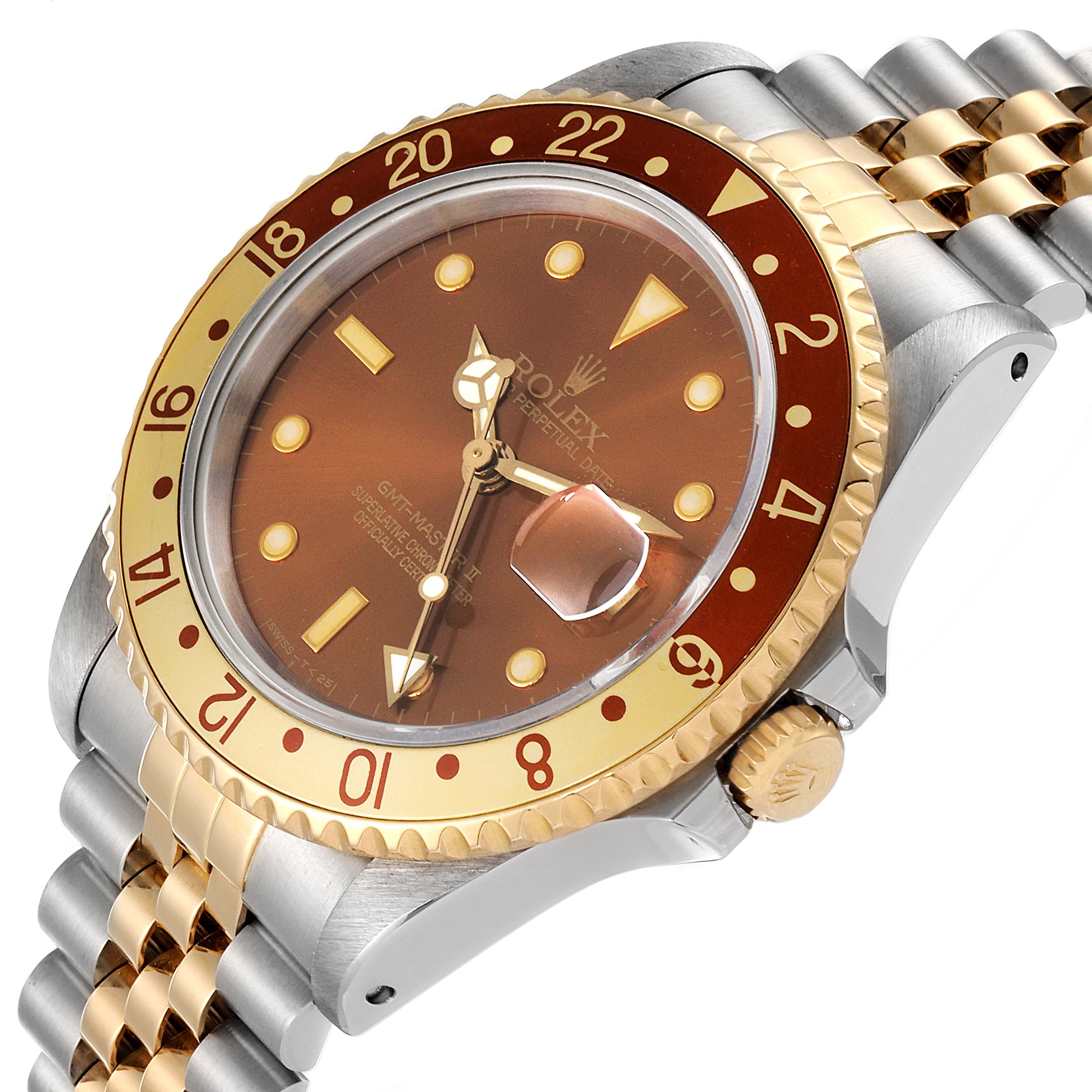 The image shows a Rolex GMT-Master 16713 Men's Steel and Gold (two tone) Brown Dial 16713 Men's Steel and Gold (two tone) Brown Dial watch angled to highlight its face, bezel, crown, and bracelet.