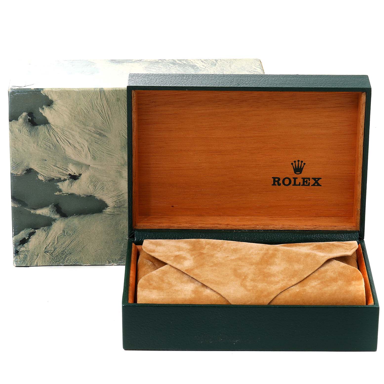 This image shows an open Rolex GMT-Master 16713 Men's Steel and Gold (two tone) Brown Dial 16713 Men's Steel and Gold (two tone) Brown Dial box with its logo inside and an empty watch pouch.