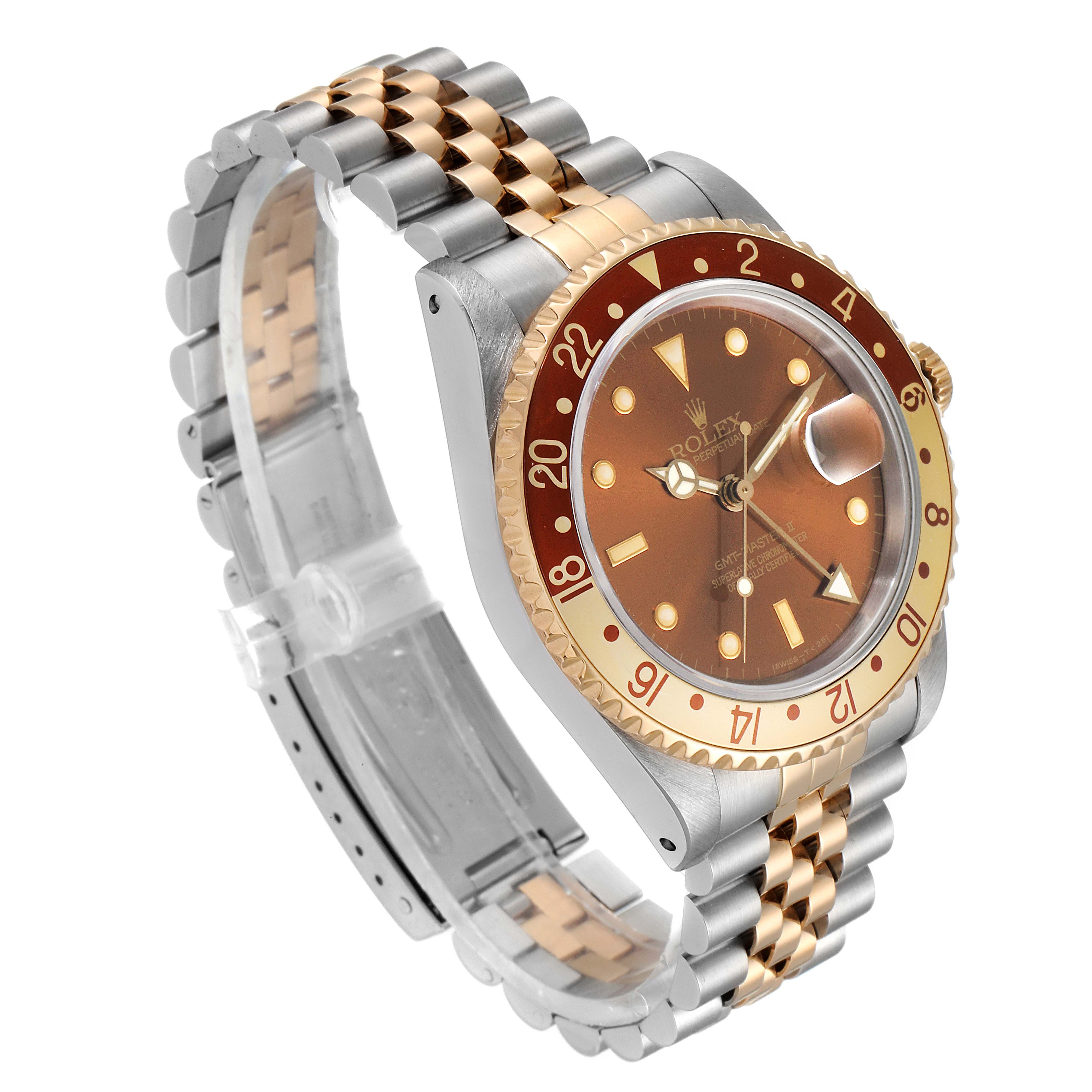 The image shows a Rolex GMT-Master 16713 Men's Steel and Gold (two tone) Brown Dial 16713 Men's Steel and Gold (two tone) Brown Dial watch angled from the right side, highlighting the bezel, dial, and two-tone jubilee bracelet.