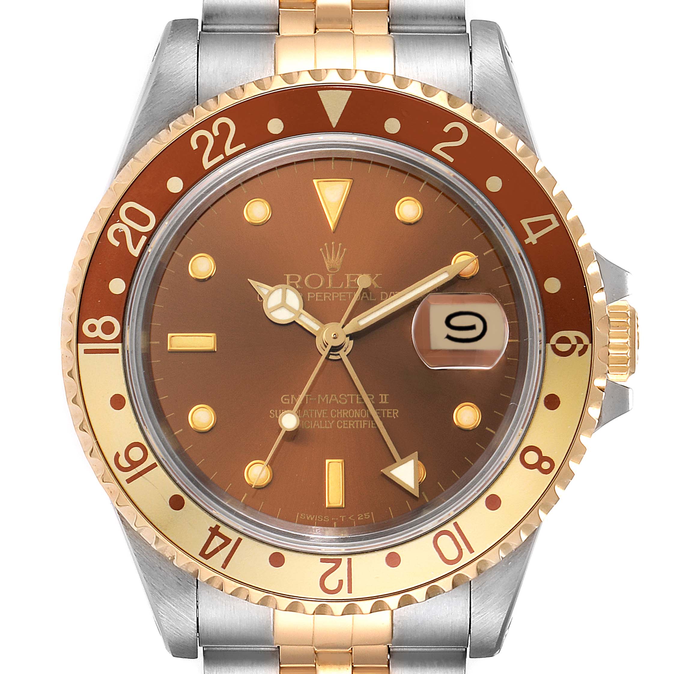 The image shows a front view of a Rolex GMT-Master 16713 Men's Steel and Gold (two tone) Brown Dial 16713 Men's Steel and Gold (two tone) Brown Dial II watch, highlighting the dial, bezel, and part of the bracelet.
