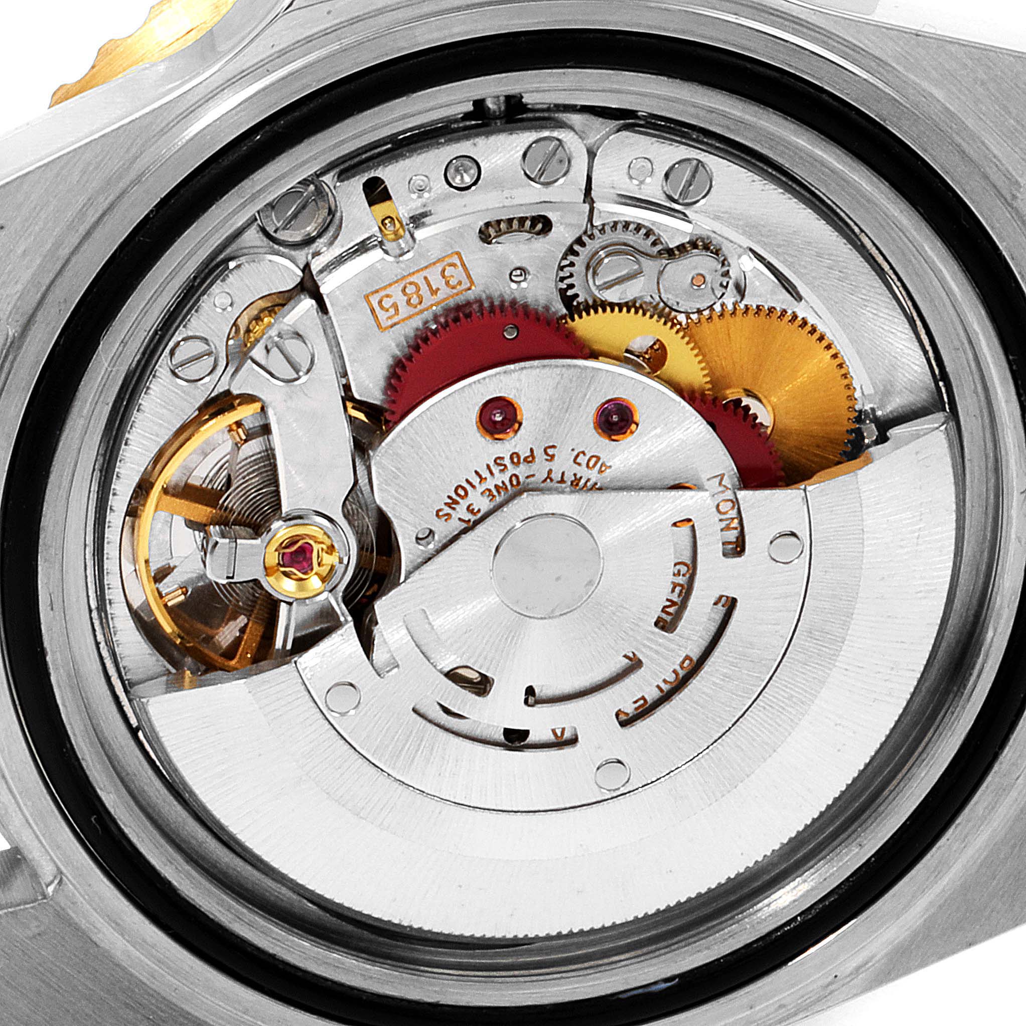 This image shows the inner mechanism and movement of a Rolex GMT-Master 16713 Men's Steel and Gold (two tone) Brown Dial 16713 Men's Steel and Gold (two tone) Brown Dial watch viewed from the back.