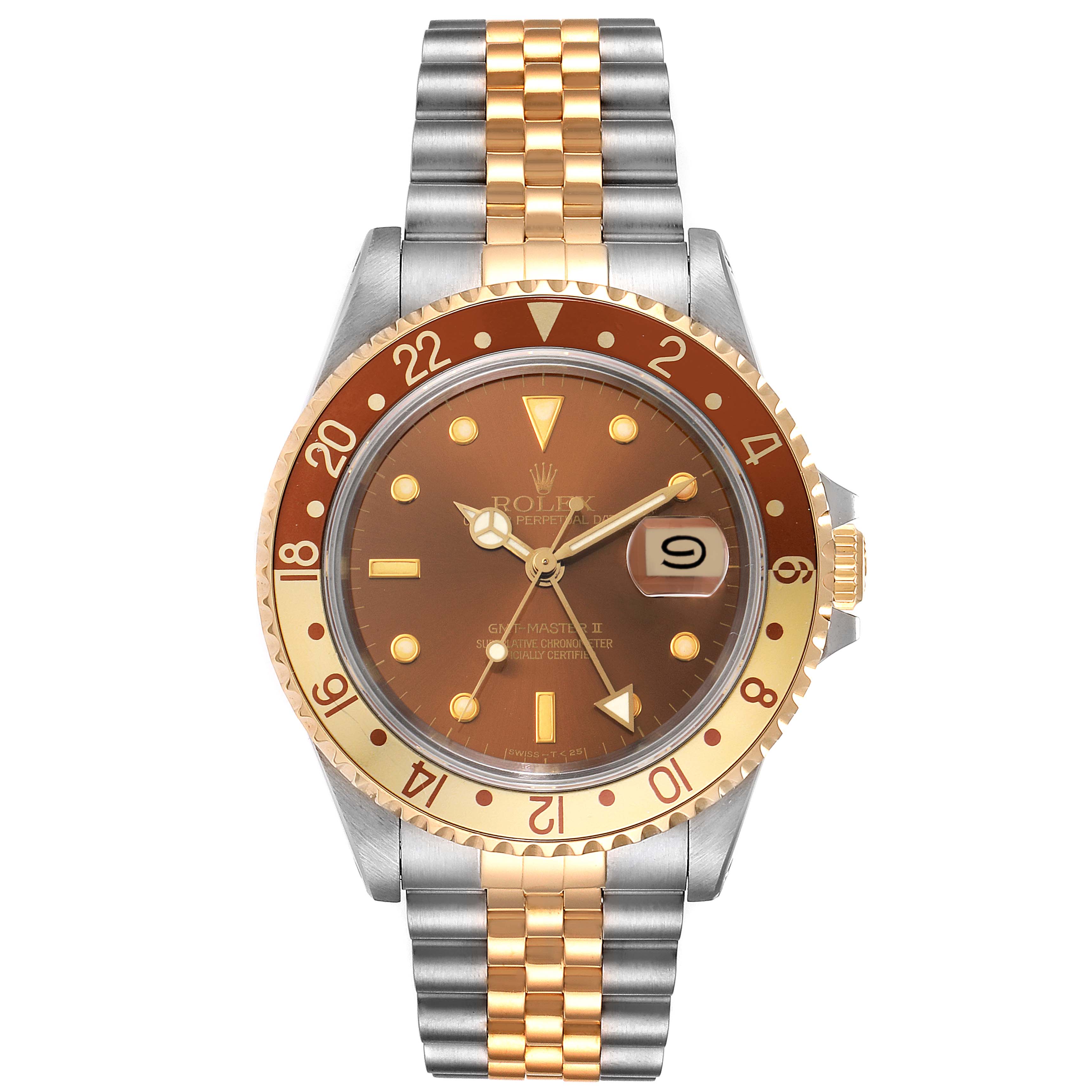 The image shows a front view of the Rolex GMT-Master 16713 Men's Steel and Gold (two tone) Brown Dial 16713 Men's Steel and Gold (two tone) Brown Dial watch, highlighting the bezel, dial, hands, bracelet, and date window.