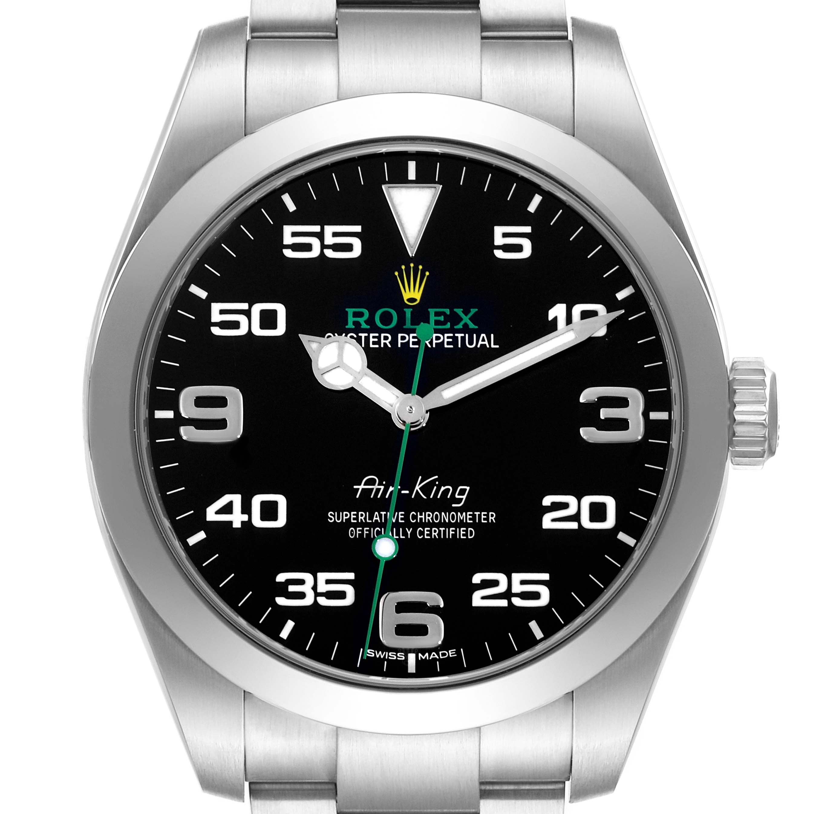 The Rolex Air-King 116900 Men's Stainless Steel Black Dial 116900 Men's Stainless Steel Black Dial watch is shown from the front, highlighting its black dial, numeric markers, and bezel.