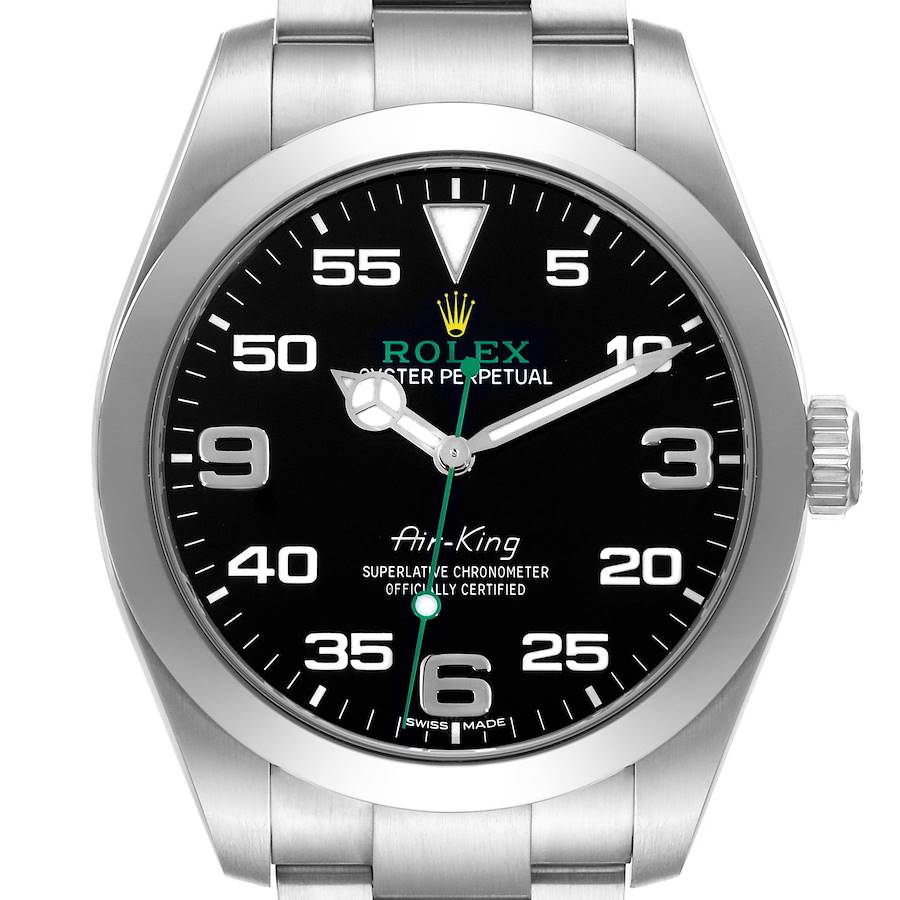 The Rolex Air-King watch is shown from the front, highlighting its black dial, numeric markers, and bezel.