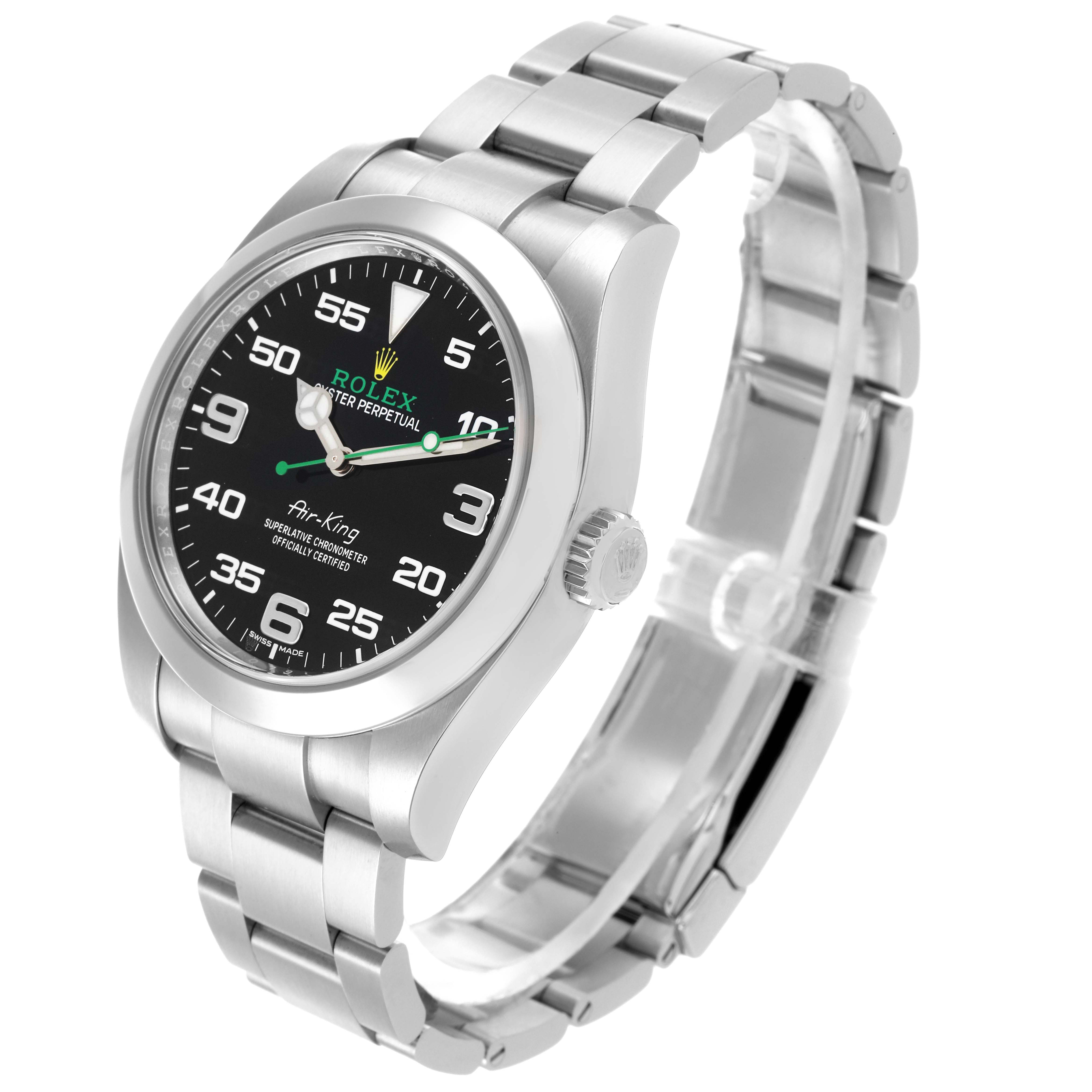 The Rolex Air-King 116900 Men's Stainless Steel Black Dial 116900 Men's Stainless Steel Black Dial is shown at a three-quarter angle, highlighting the dial, bezel, crown, and bracelet.