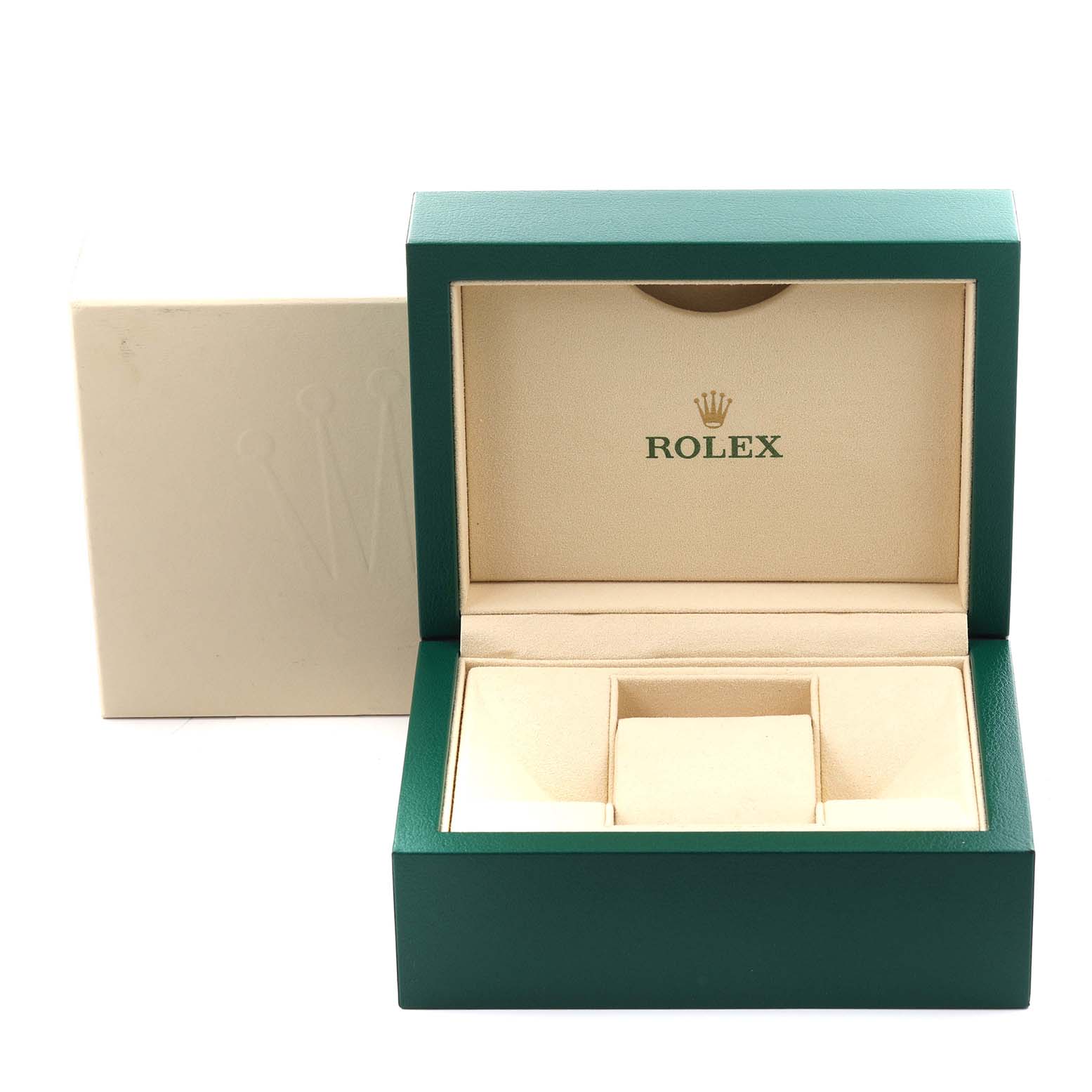 The image shows a Rolex Air-King 116900 Men's Stainless Steel Black Dial 116900 Men's Stainless Steel Black Dial watch box and internal cushion at an eye-level angle.