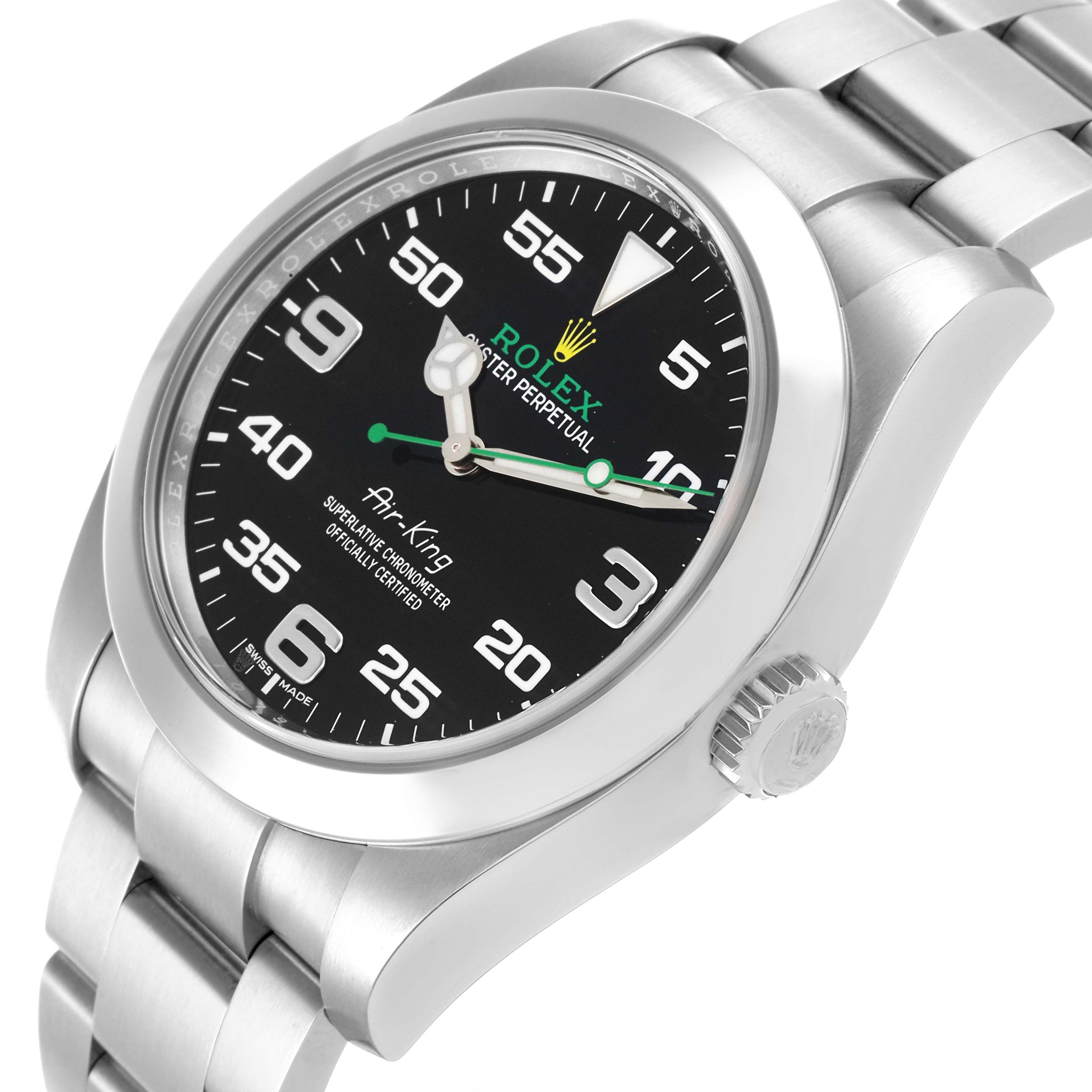 The Rolex Air-King 116900 Men's Stainless Steel Black Dial 116900 Men's Stainless Steel Black Dial model is shown at an angled view, displaying the face, bezel, case, and part of the bracelet.