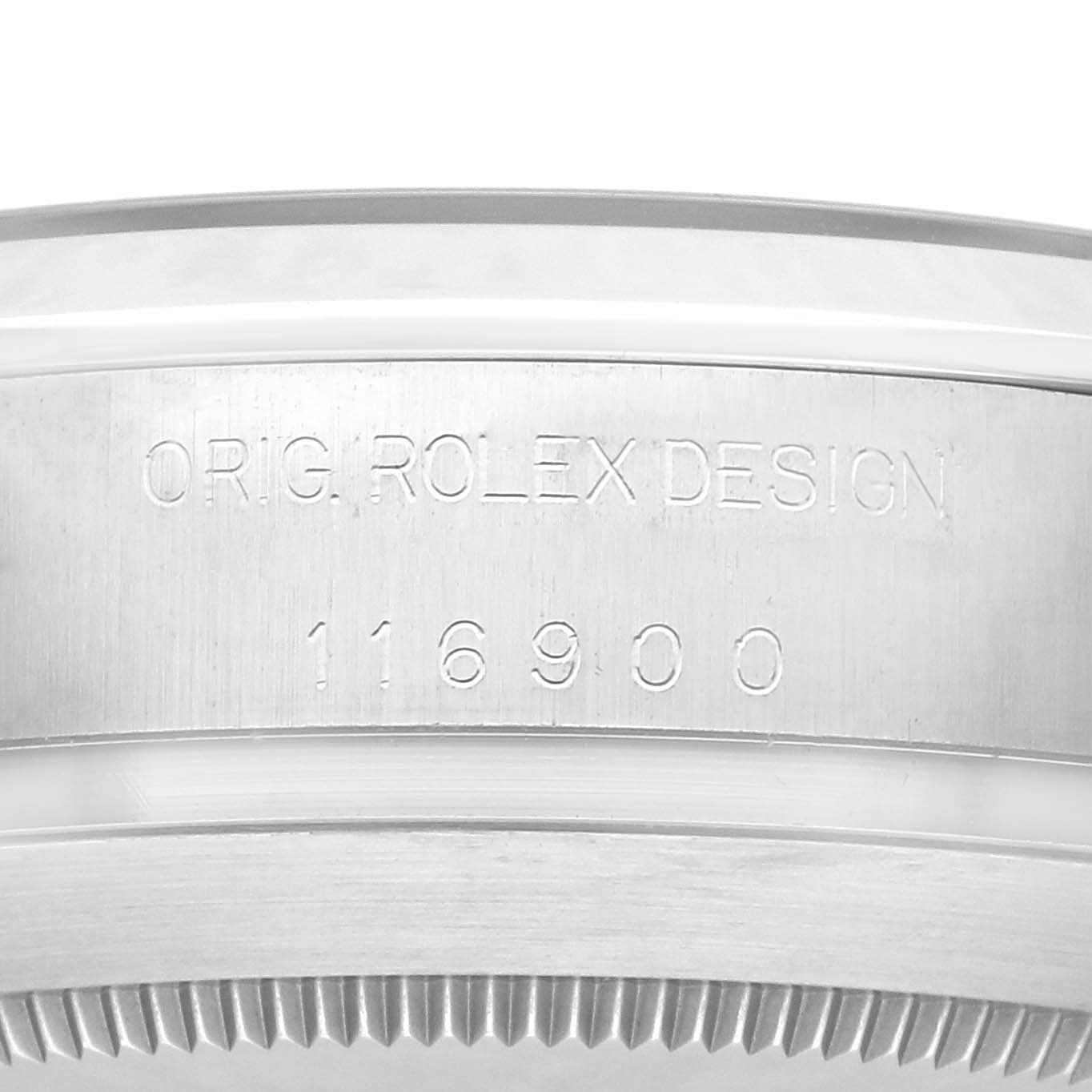 The image shows the side angle of the Rolex Air-King 116900 Men's Stainless Steel Black Dial 116900 Men's Stainless Steel Black Dial case, featuring engraved model number and design details.