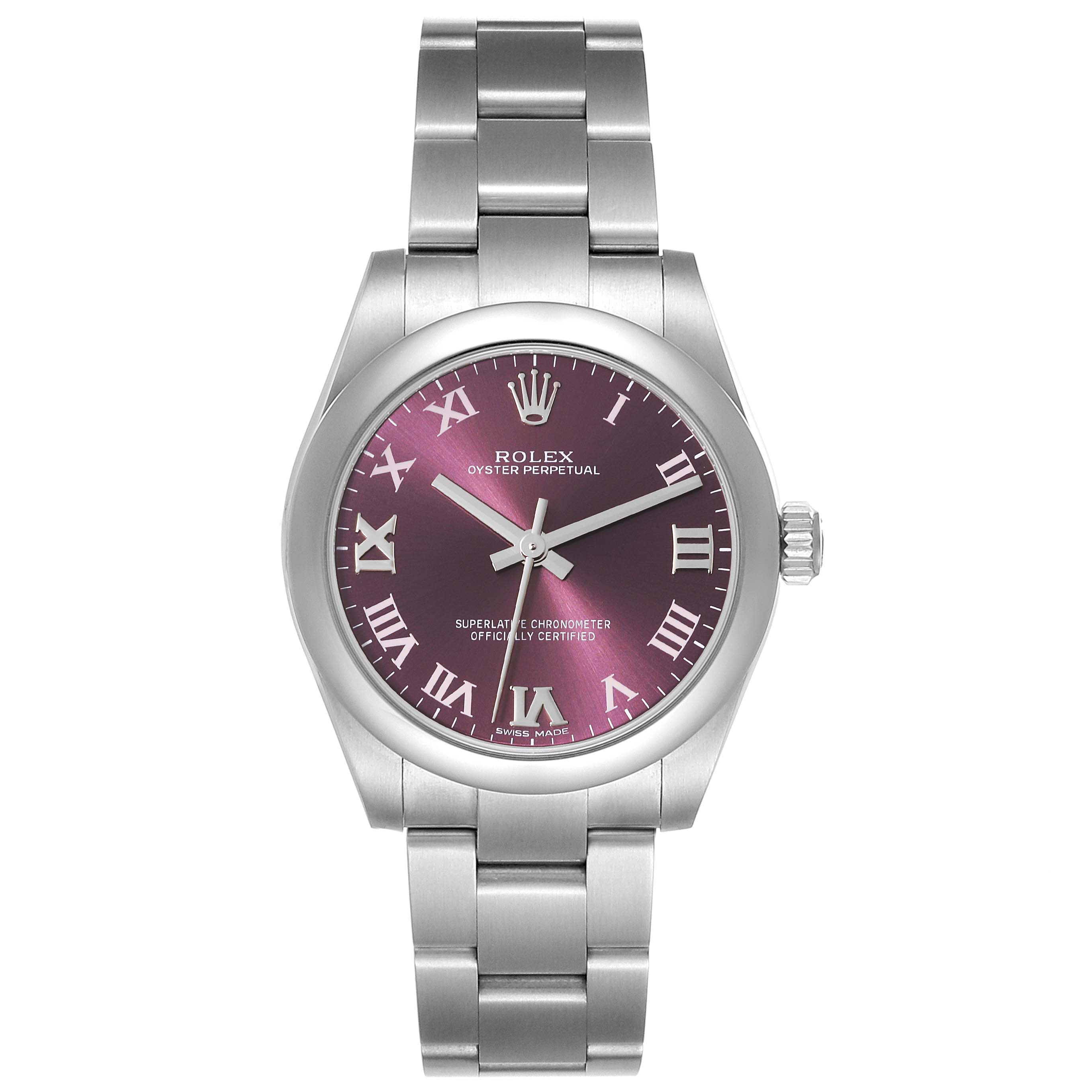 This image shows a frontal view of the Rolex Oyster Perpetual Mid-Size watch, featuring a metallic bracelet and a purple dial.