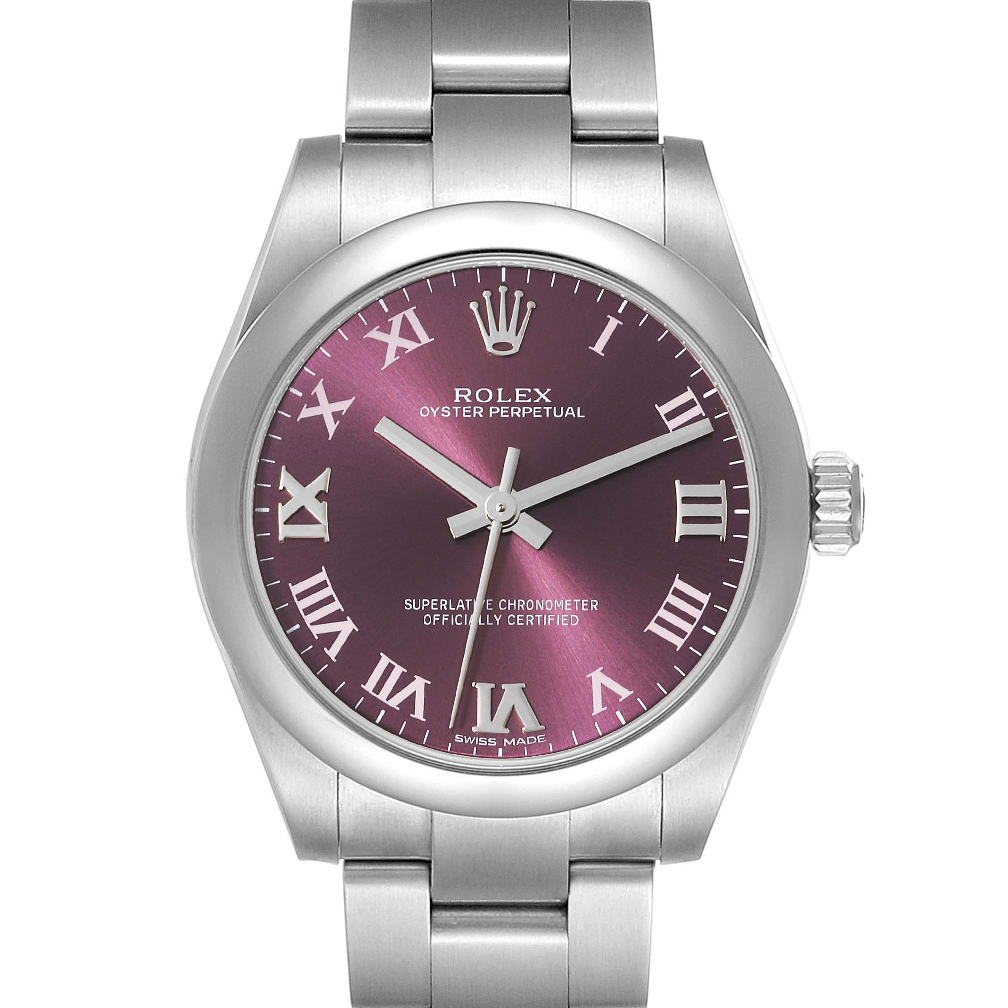 This image shows a front view of a Rolex Mid-Size 177200 Women's Stainless Steel Purple Dial 177200 Women's Stainless Steel Purple Dial Oyster Perpetual watch with a purple dial and Roman numeral markers.