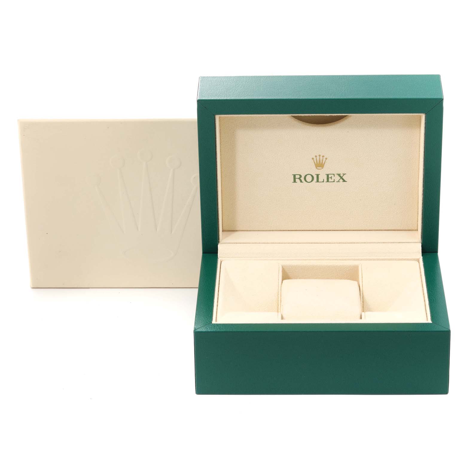 This image shows the open green box and cream outer box for a Rolex Mid-Size 177200 Women's Stainless Steel Purple Dial 177200 Women's Stainless Steel Purple Dial watch.