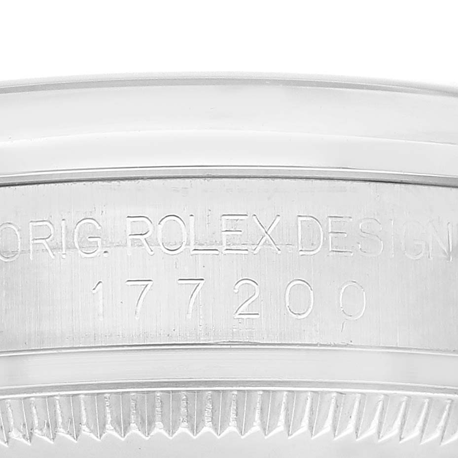 The image shows a close-up of the case back of a Rolex Mid-Size 177200 Women's Stainless Steel Purple Dial 177200 Women's Stainless Steel Purple Dial watch, displaying the engraved model number 177200.