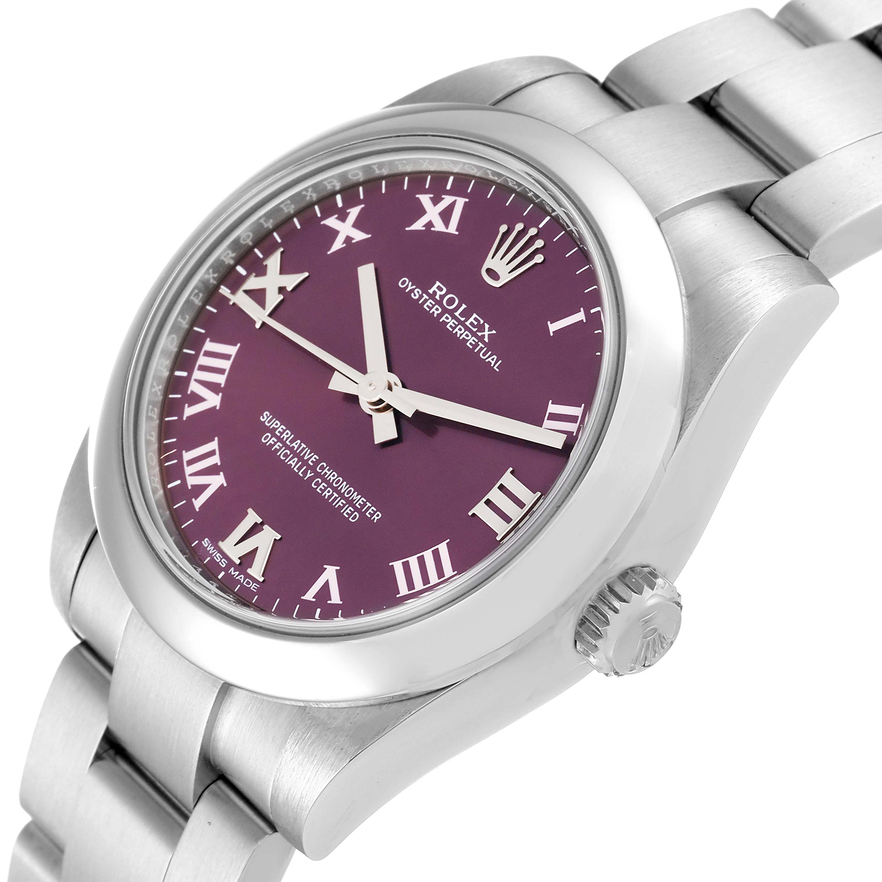 The image shows a Rolex Mid-Size 177200 Women's Stainless Steel Purple Dial 177200 Women's Stainless Steel Purple Dial model watch from an angled side view, highlighting the bezel, dial, crown, and bracelet.