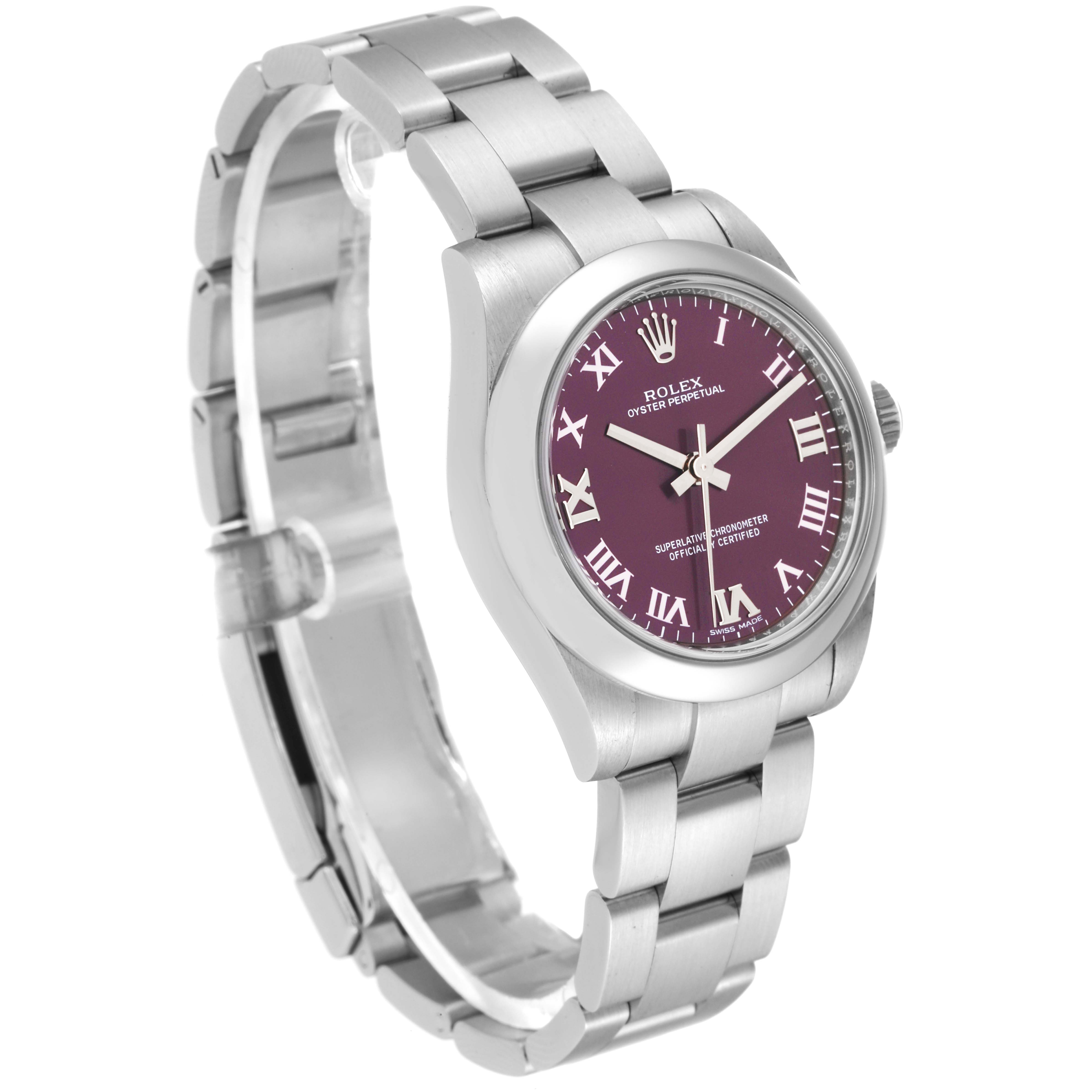 The image shows a mid-side Rolex Oyster Perpetual watch from a slightly angled side perspective, showcasing its bracelet and purple dial.