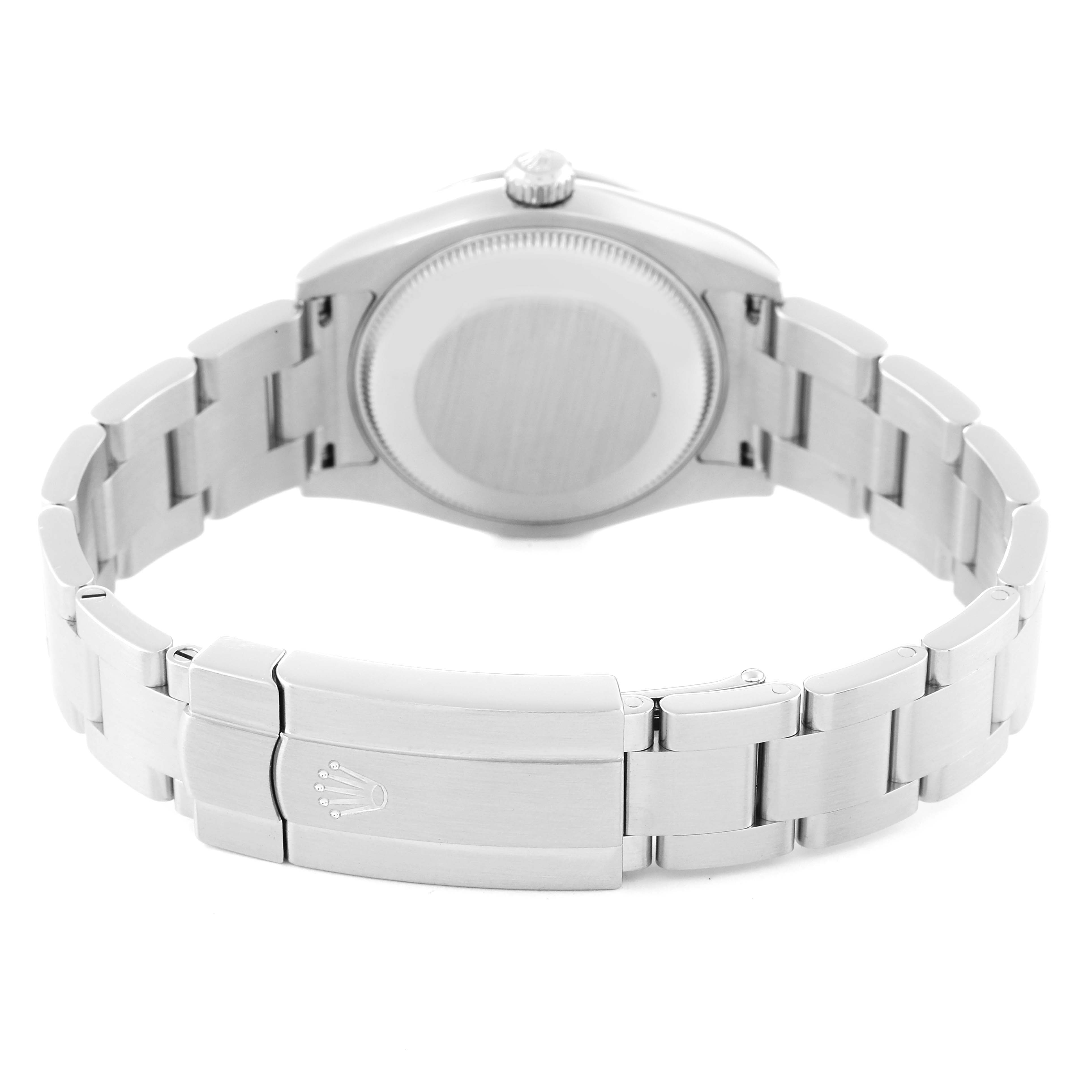 The image shows the back view of a Rolex Mid-Size 177200 Women's Stainless Steel Purple Dial 177200 Women's Stainless Steel Purple Dial watch, focusing on the clasp and bracelet.