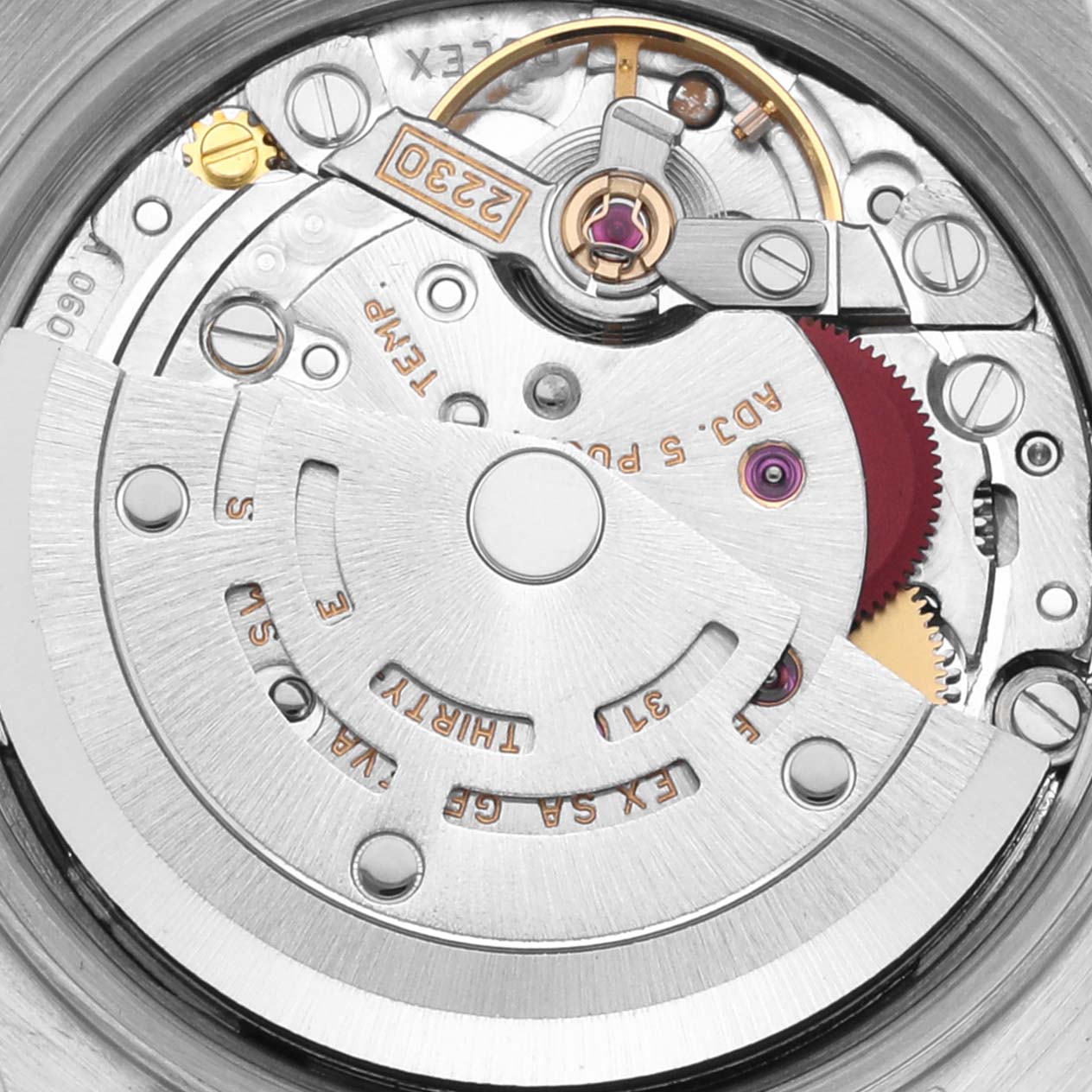 The image shows a close-up of the movement mechanism of a Rolex Oyster Perpetual 76080 Women's Stainless Steel Silver Dial 76080 Women's Stainless Steel Silver Dial watch.
