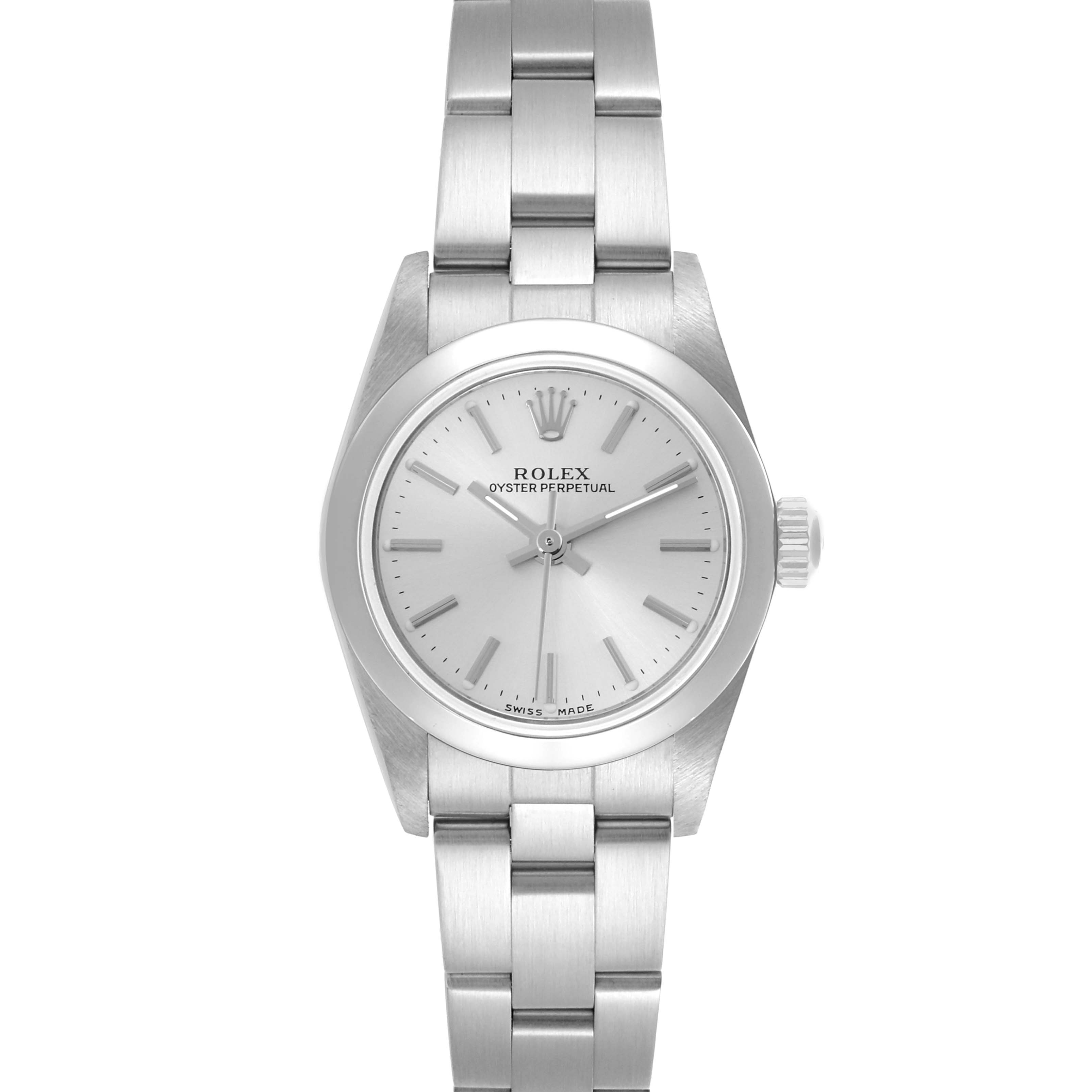 The Rolex Oyster Perpetual 76080 Women's Stainless Steel Silver Dial 76080 Women's Stainless Steel Silver Dial watch is shown from the front, displaying the dial, bezel, bracelet, and crown.