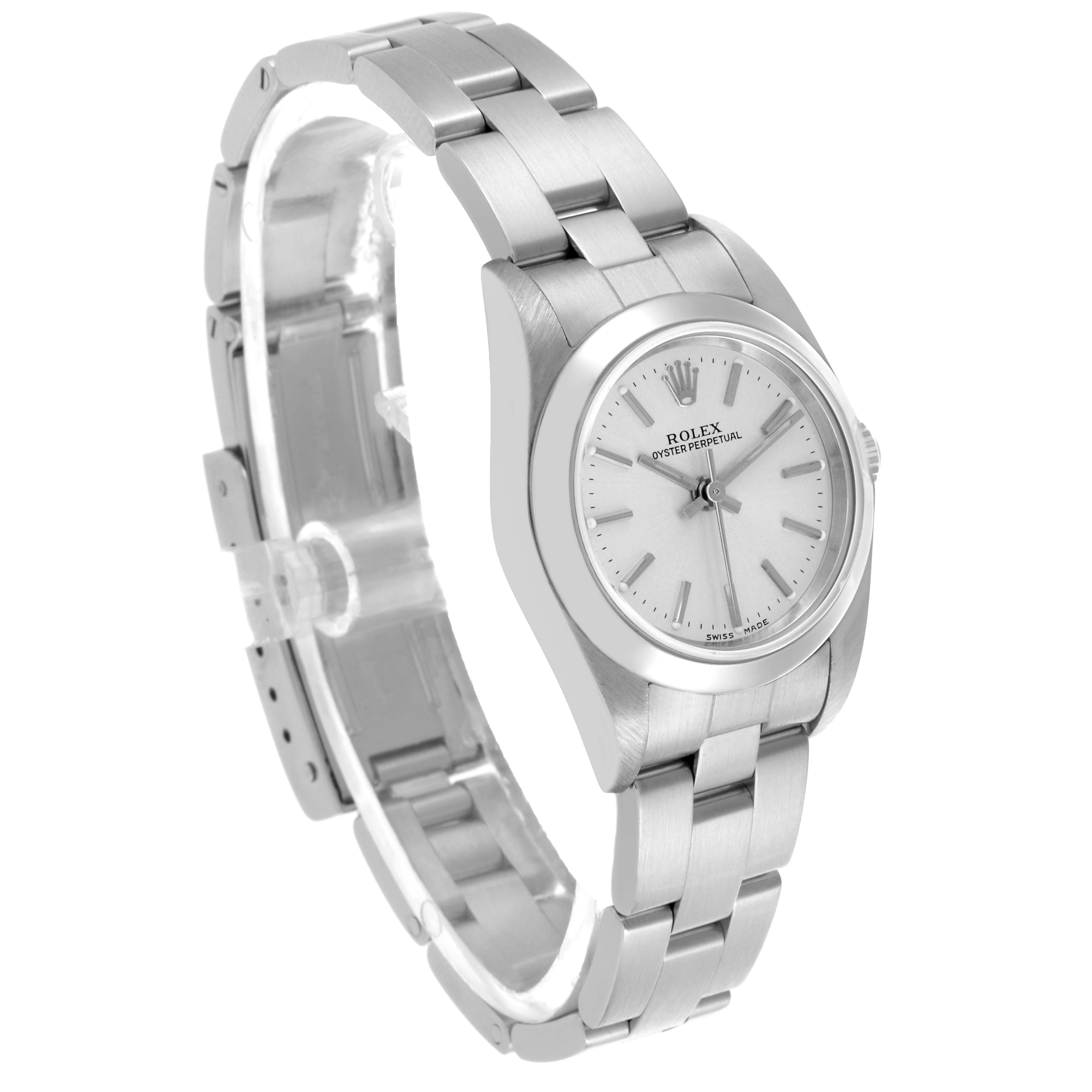 The Rolex Oyster Perpetual 76080 Women's Stainless Steel Silver Dial 76080 Women's Stainless Steel Silver Dial is shown at a three-quarter angle, displaying its bracelet, clasp, and dial clearly.