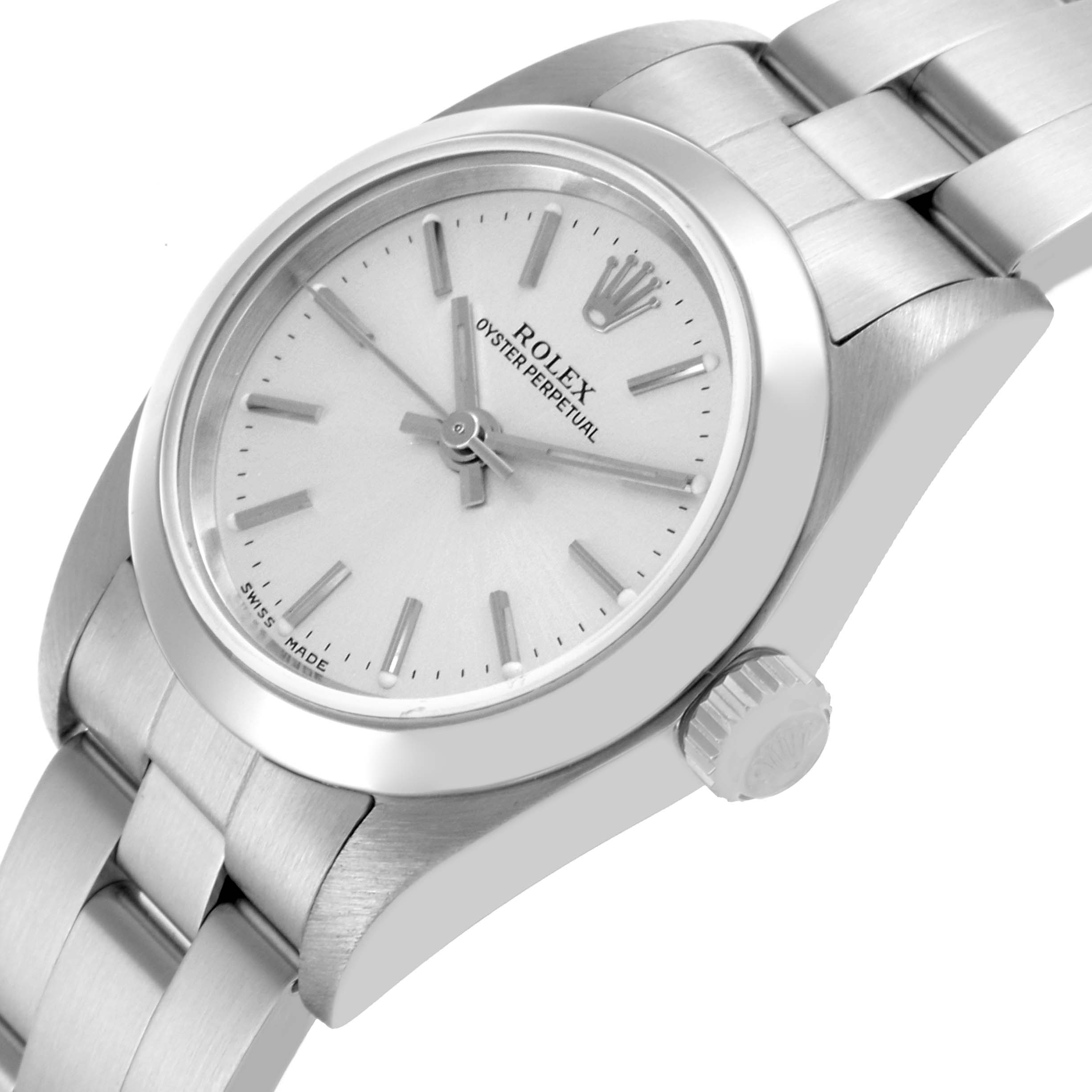 The Rolex Oyster Perpetual 76080 Women's Stainless Steel Silver Dial 76080 Women's Stainless Steel Silver Dial watch is shown from an angled view, highlighting the dial, crown, and part of the bracelet.