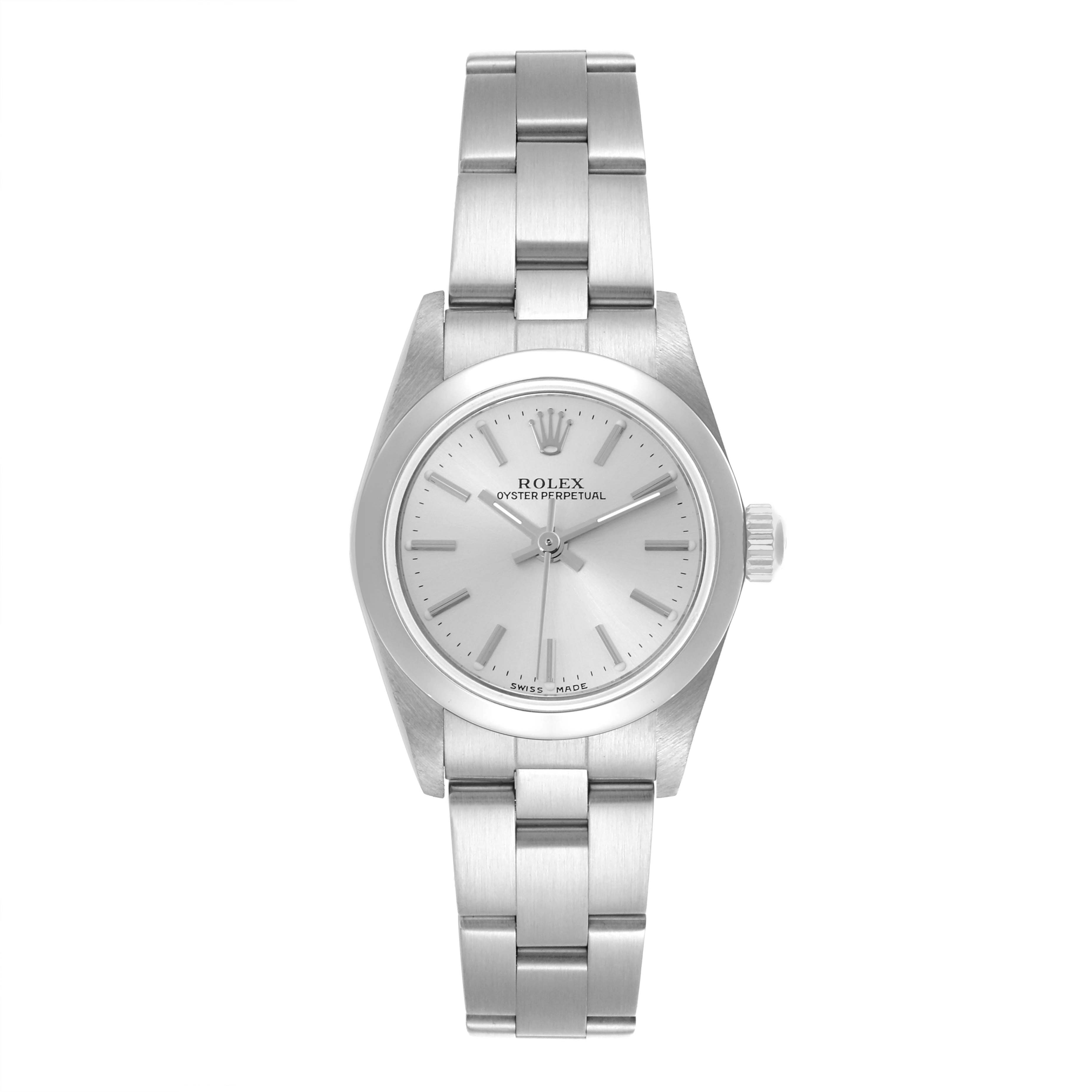 The Rolex Oyster Perpetual 76080 Women's Stainless Steel Silver Dial 76080 Women's Stainless Steel Silver Dial watch is shown from a front view, displaying the face, bezel, and bracelet.