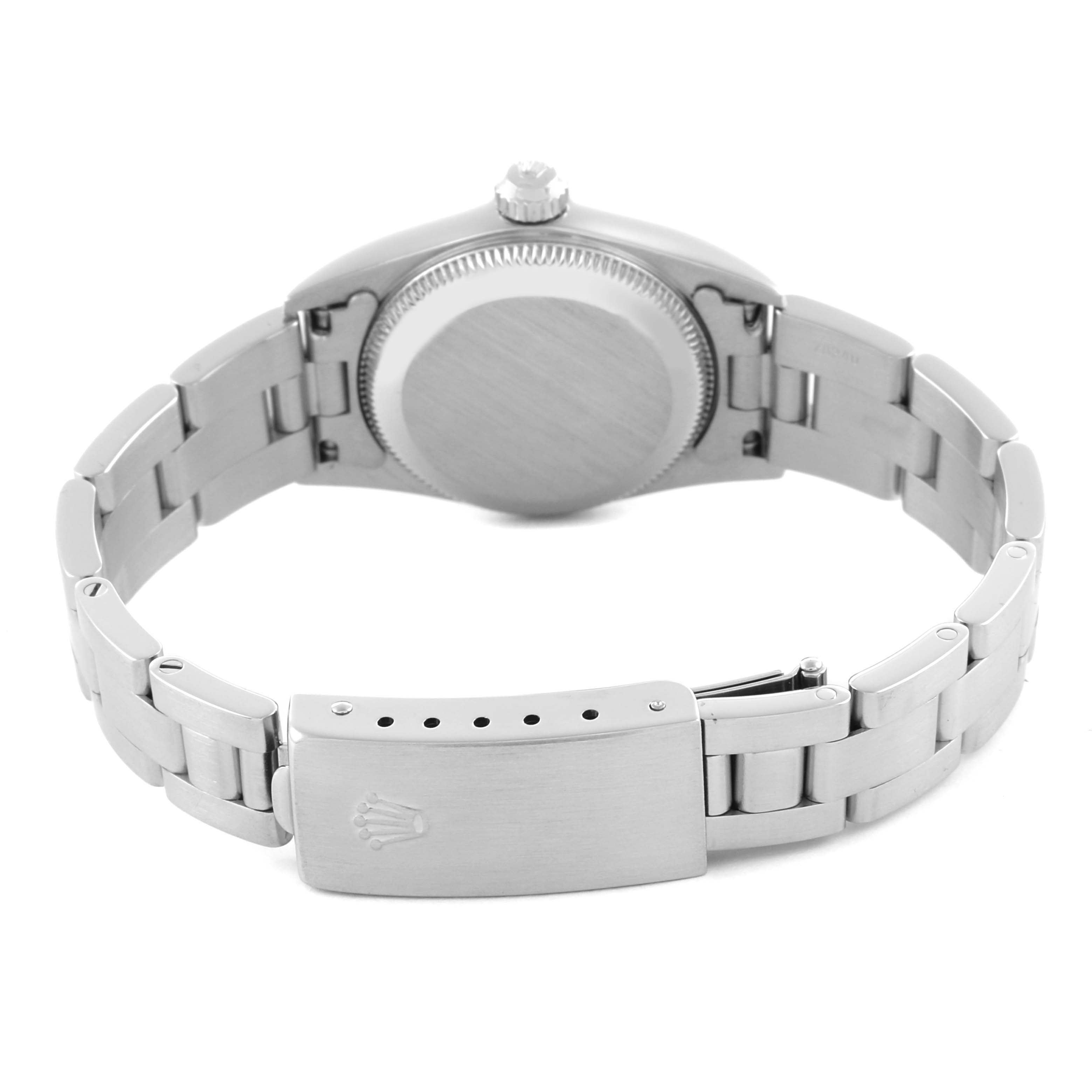 The image shows the Rolex Oyster Perpetual 76080 Women's Stainless Steel Silver Dial 76080 Women's Stainless Steel Silver Dial watch from the back, featuring the case back, bracelet, and clasp.