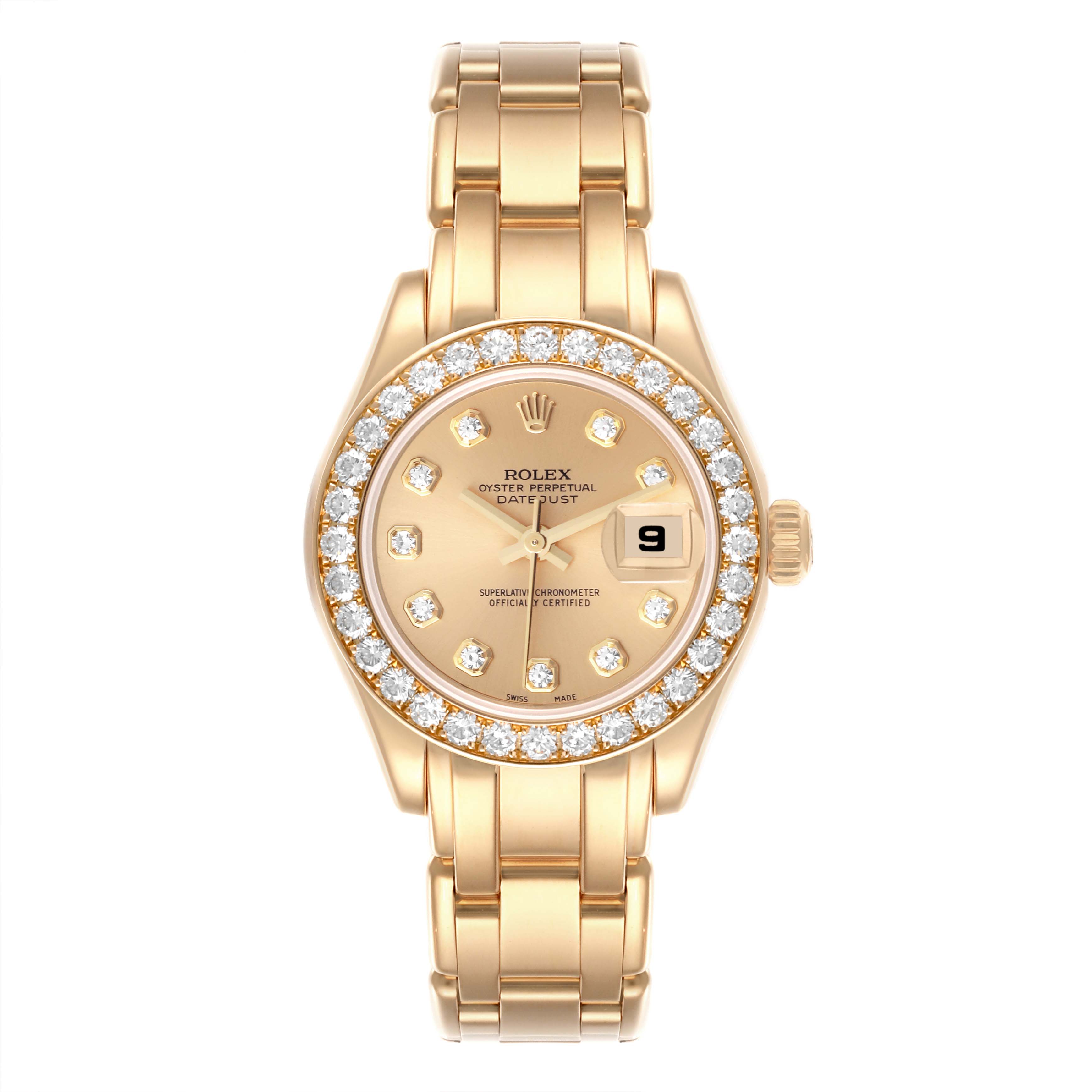 The Rolex Pearlmaster 80298 Women's Yellow Gold Champagne Dial 80298 Women's Yellow Gold Champagne Dial model is shown from a top-down angle, displaying its face, bezel, dial, and bracelet.