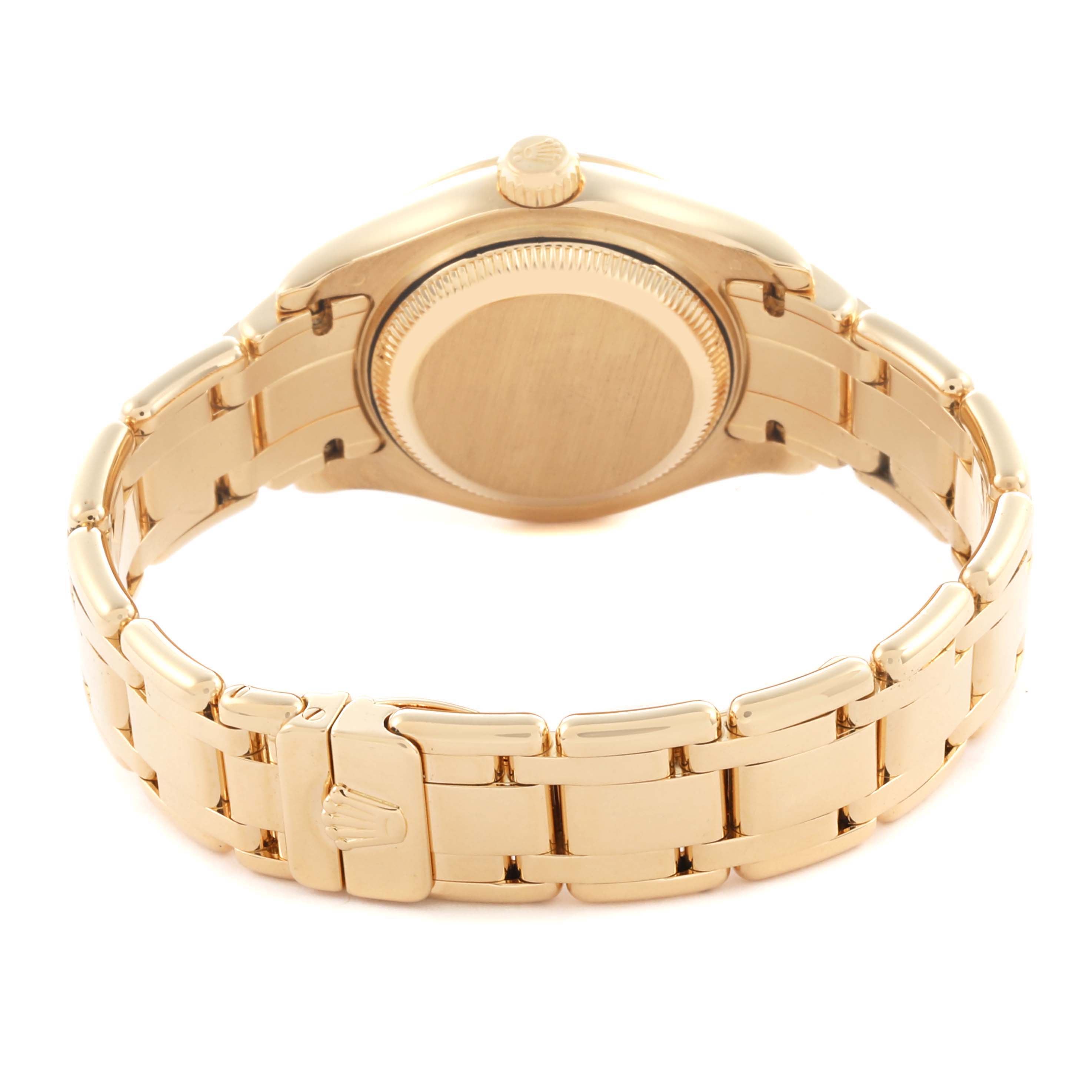 The image shows the back view of a Rolex Pearlmaster 80298 Women's Yellow Gold Champagne Dial 80298 Women's Yellow Gold Champagne Dial, highlighting the case back and gold bracelet with clasp.