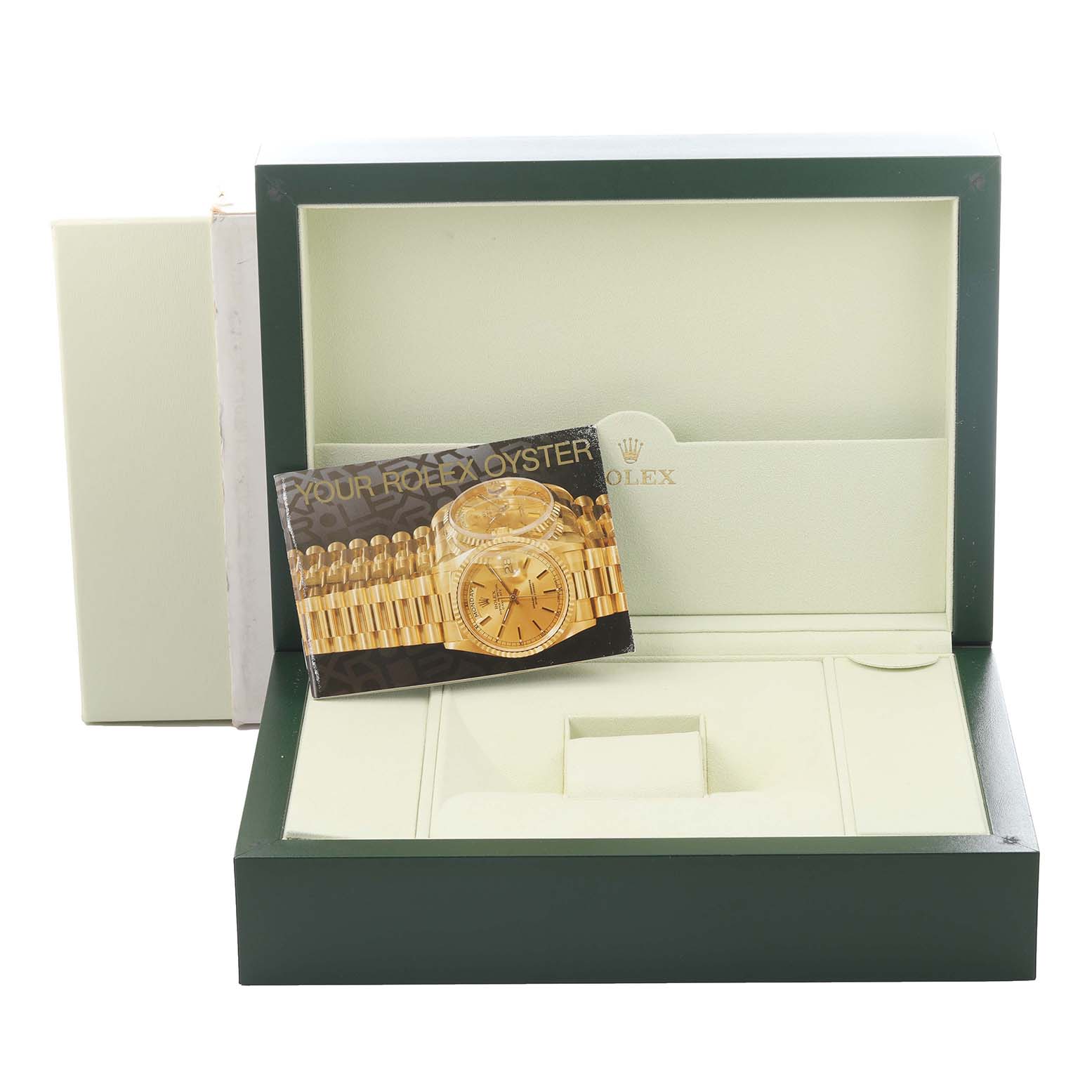 The image shows the open green box of a Rolex Pearlmaster 80298 Women's Yellow Gold Champagne Dial 80298 Women's Yellow Gold Champagne Dial watch with a booklet displaying the watch face.