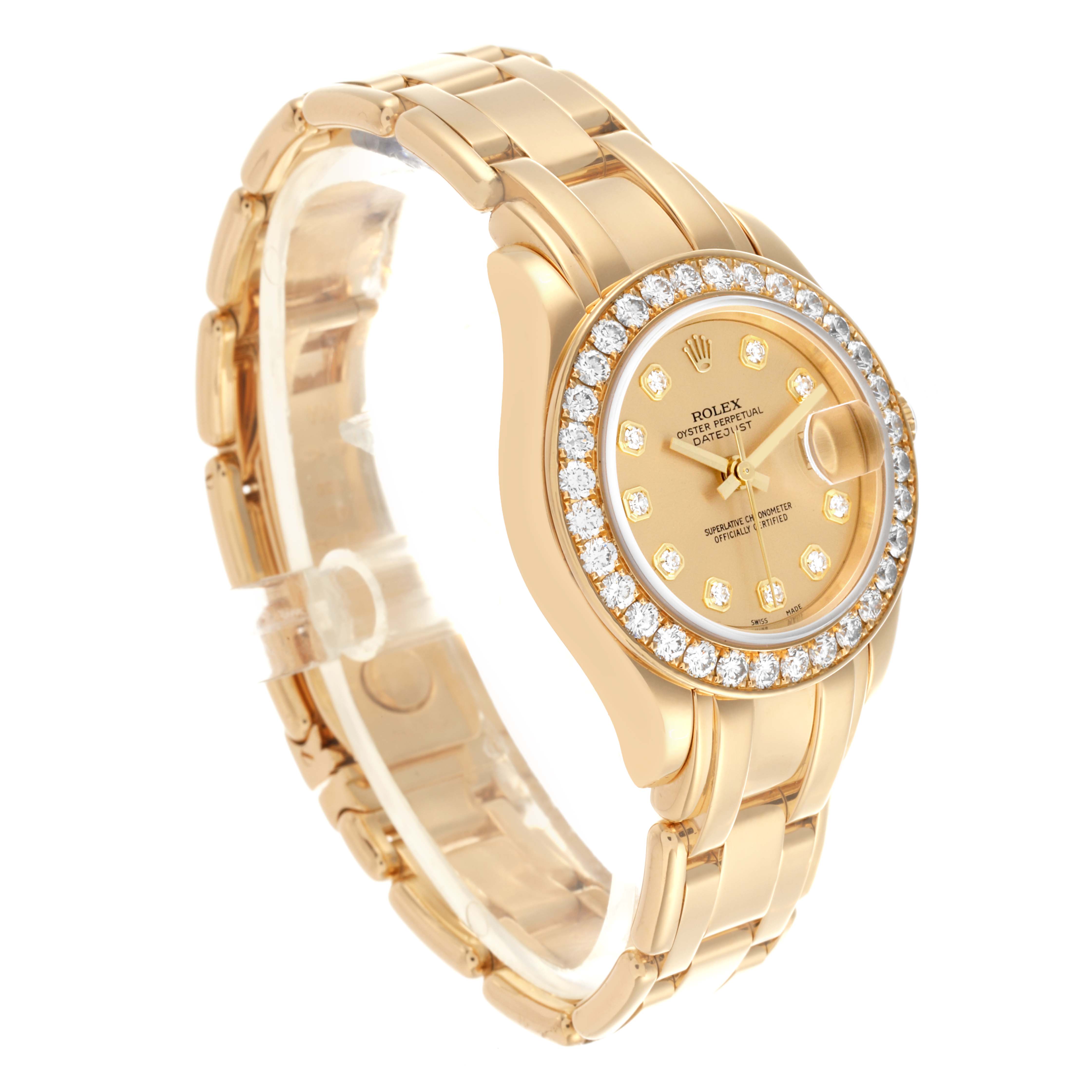 The Rolex Pearlmaster 80298 Women's Yellow Gold Champagne Dial 80298 Women's Yellow Gold Champagne Dial watch is shown at a three-quarter angle, highlighting its gold bracelet and diamond-encrusted bezel.